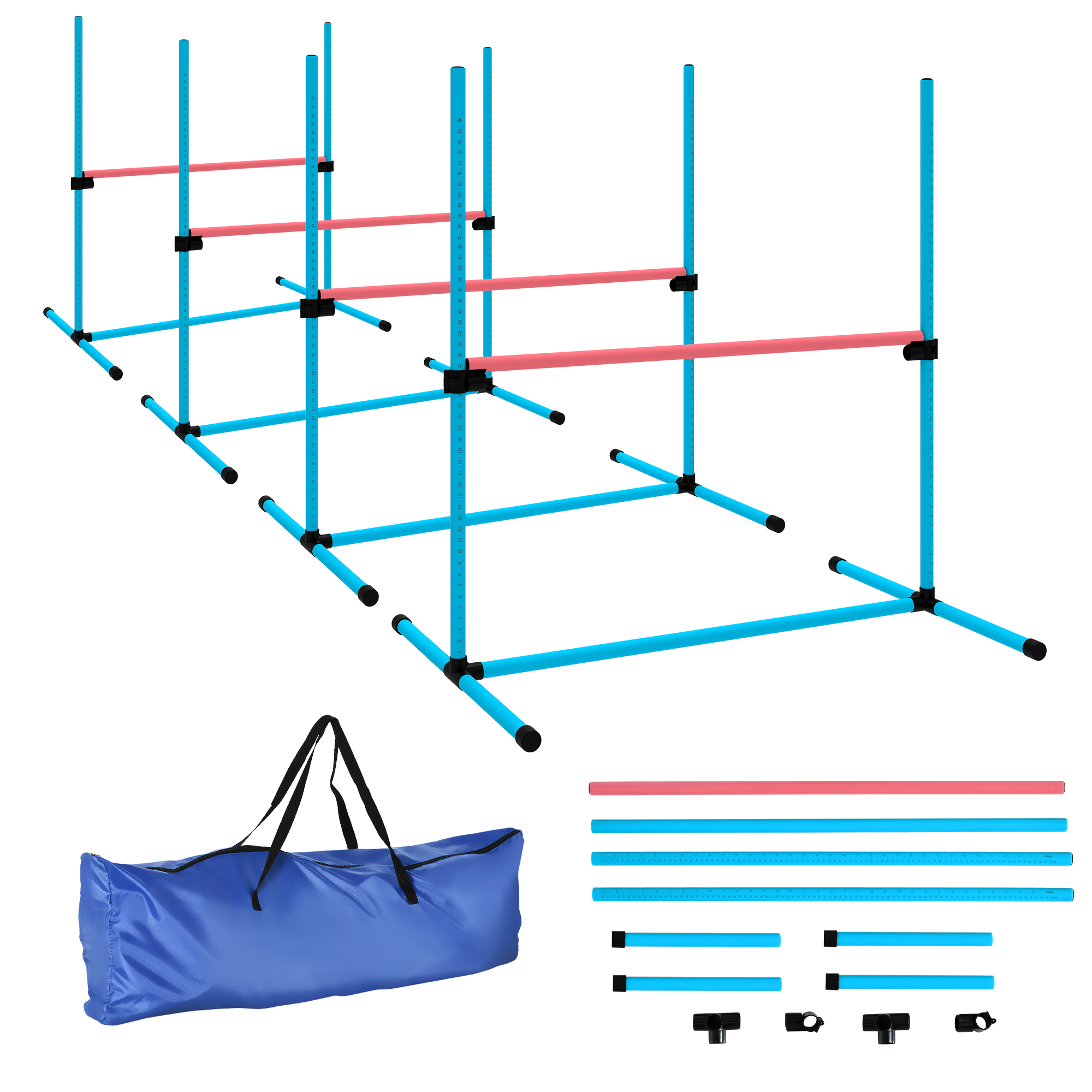 Suņu veiklības komplekts, 4 daļu, regulējams augstumā veiklības aprīkojums ar 4 šķēršļiem, pārnēsāšanas soma, 99 x 65 x 94 cm, gaiši zils
