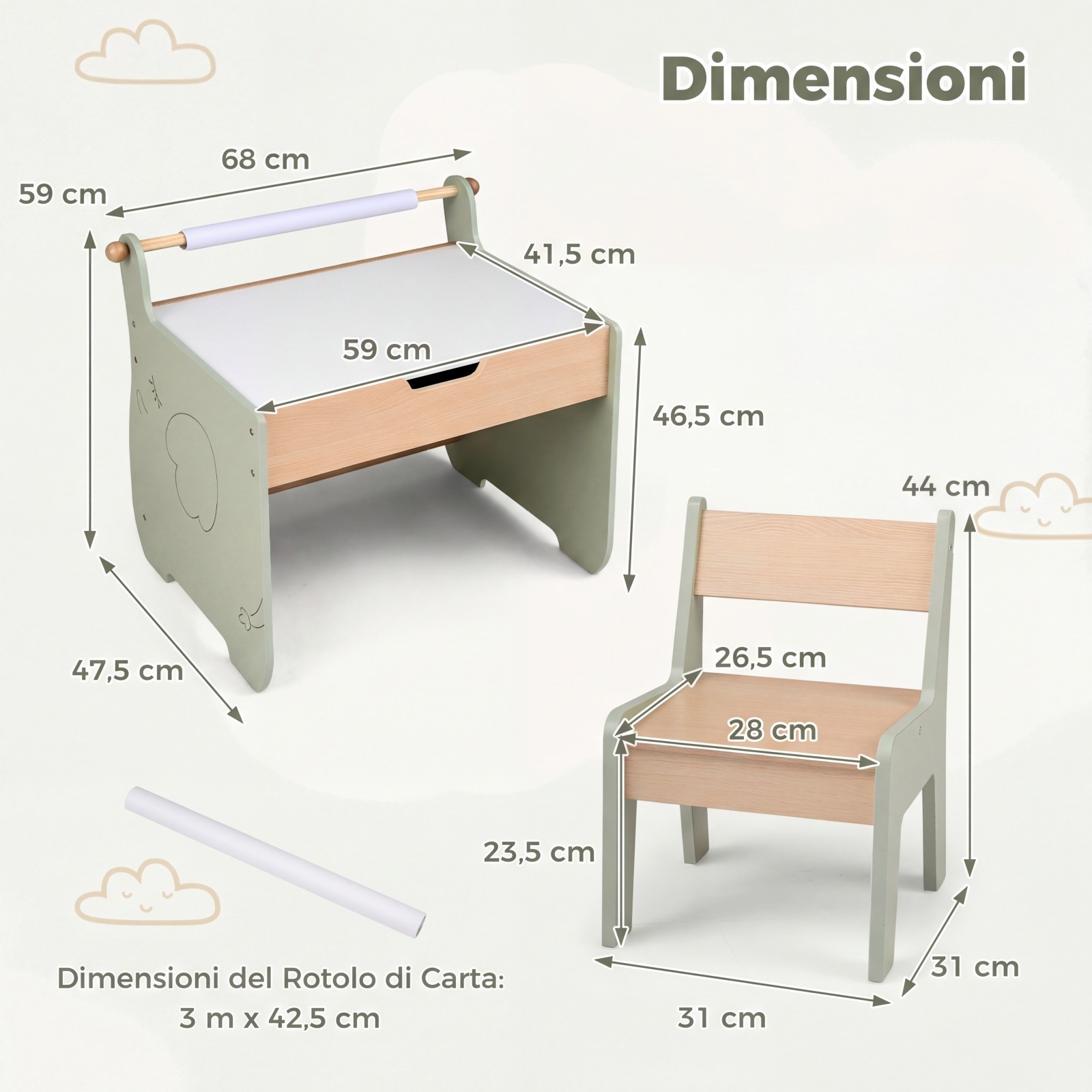 Bērnu koka galdu un krēslu komplekts, mācību materiāls, abpusēja tāfele, papīra rullis, daudzfunkcionāls komplekts, slēptais konteiners, zīmēšana, gleznošana