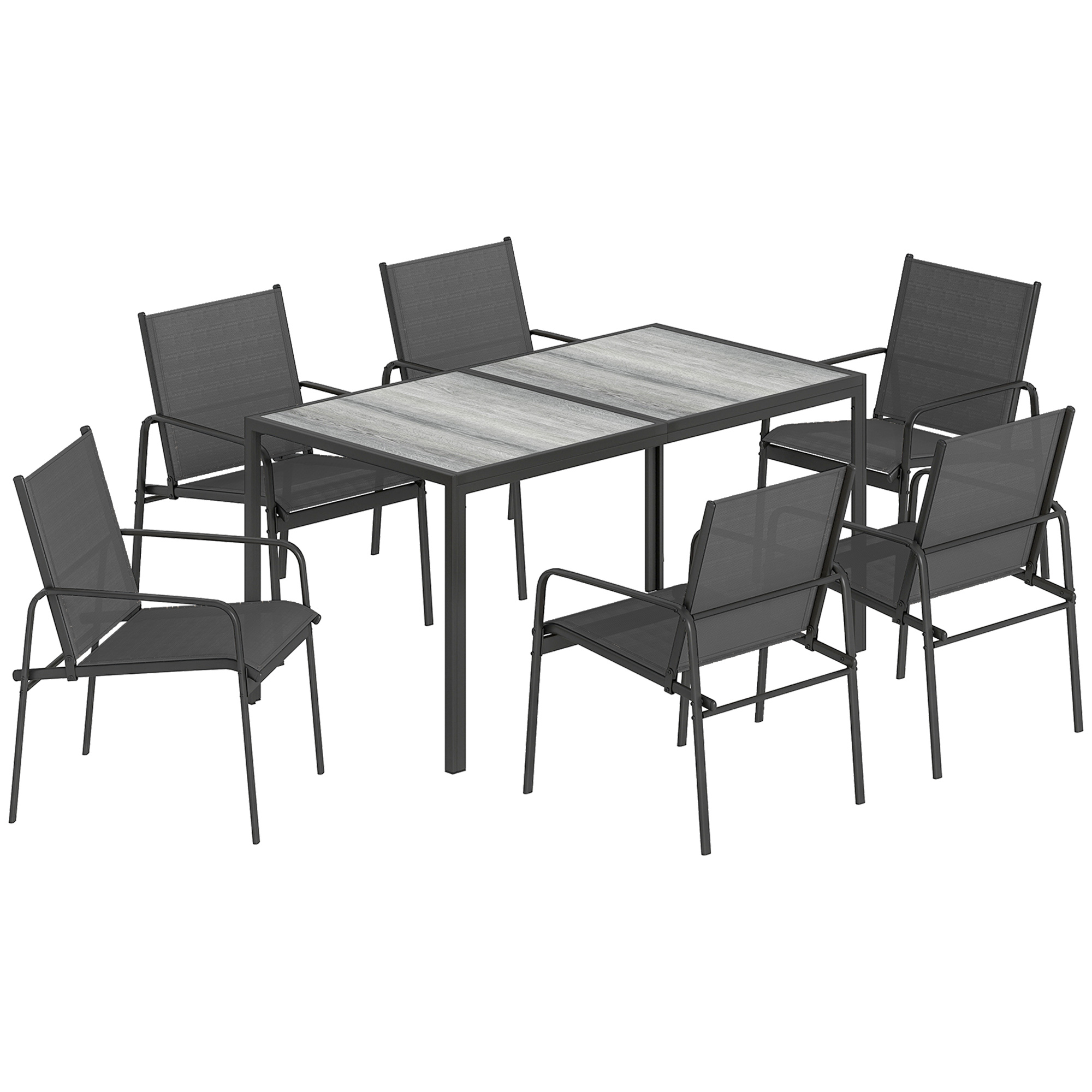 Dārza mēbeļu komplekts, sēdvietu grupa 150 x 80 cm, galds ar 6 elpojošiem krēsliem, koka imitācija, tērauda rāmis, melns