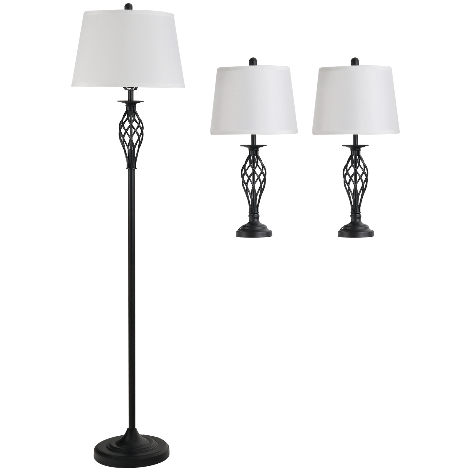 3 daļu lampu komplekts: 2 galda lampas (ø38 x 158 cm) + 1 stāvlampa (ø30 x 62 cm), vintage stāvlampa ar kājas slēdzi, lasāmlampa viesistabai, guļamistabai, metāla, melnbalta