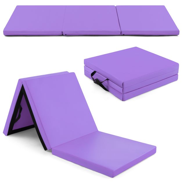 6 x 61 cm (1,8 x 0,6 m) trīskārt salokāms vingrošanas paklājiņš ar rokturiem un noņemamu pārvalku ar rāvējslēdzēju - violets