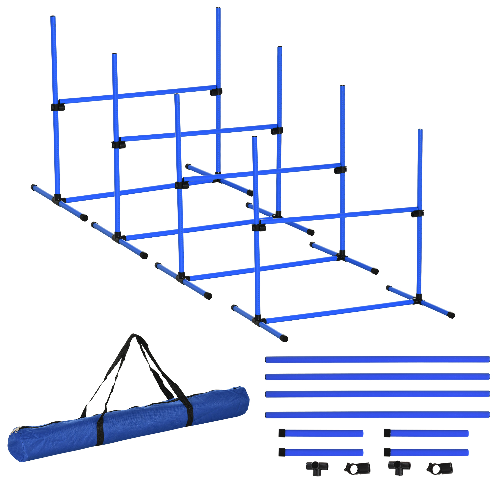 Veiklības komplekts, regulējams augstums, suņu veiklības aprīkojums ar 4 šķēršļiem, pārnēsāšanas soma, 104x67 cm, zils