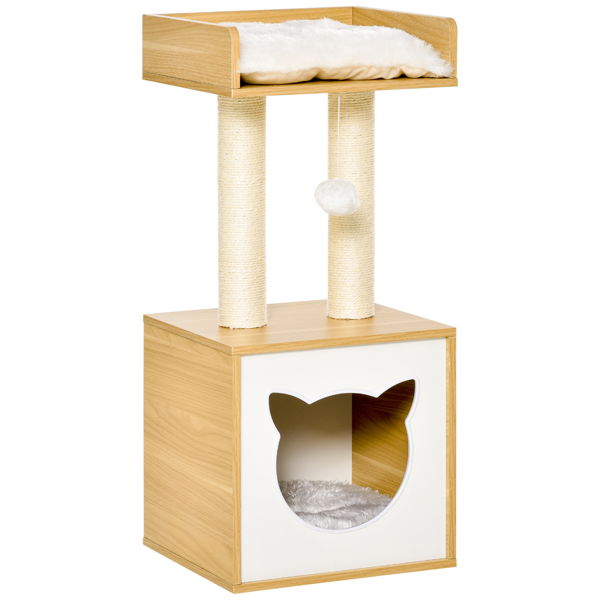 Kaķu ala/kaķu gulta ar mazgājamu spilvenu, platformu, skrāpējamo stabu, rotaļu bumbu, iekštelpu kaķu mājiņa kaķiem, 35 x 35 x 81 cm, ozolkoka