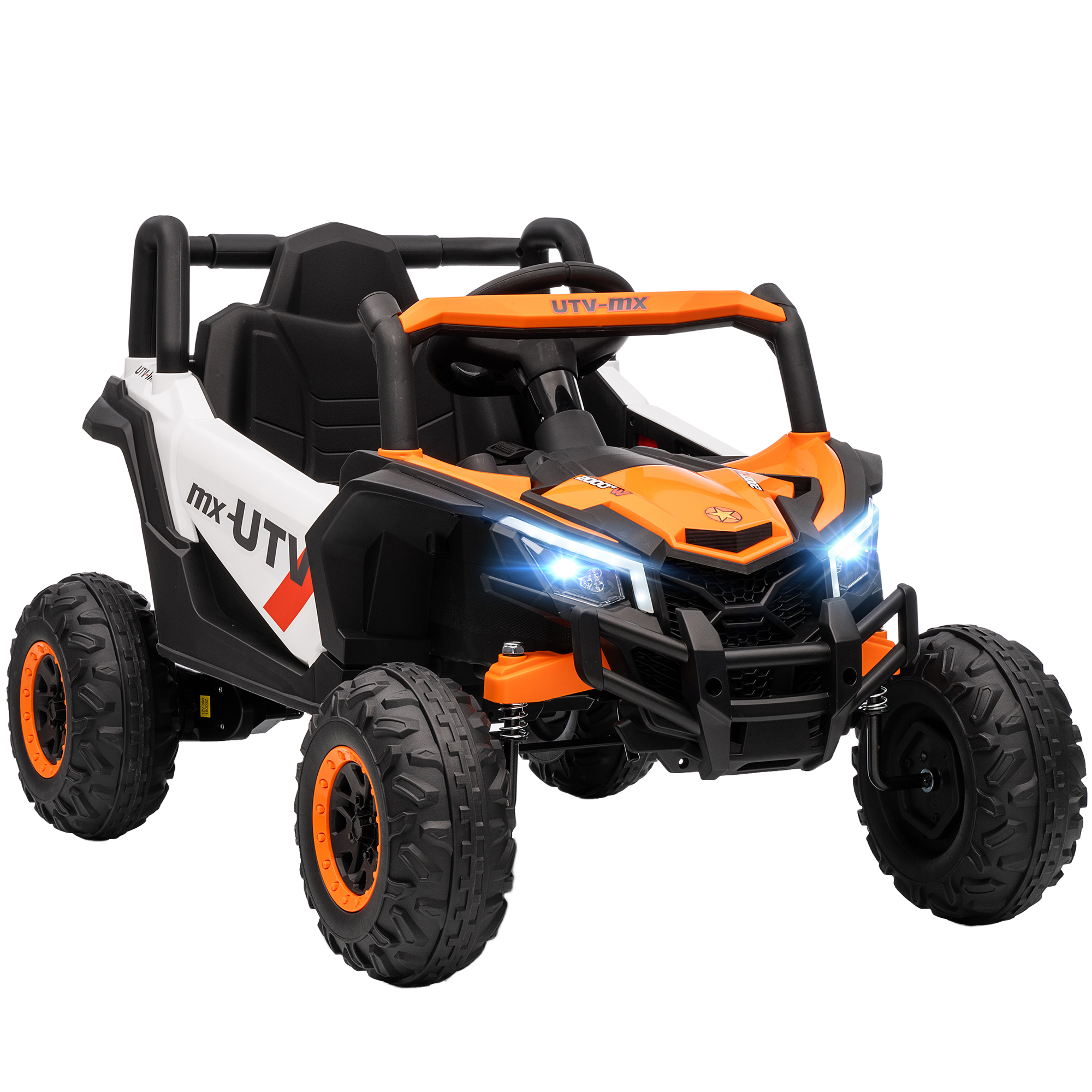 12 V elektromobilis bērniem, tālvadības pults funkcija, drošības josta, signāltaure, LED gaismas, USB ports, 3-5 gadiem, oranžs