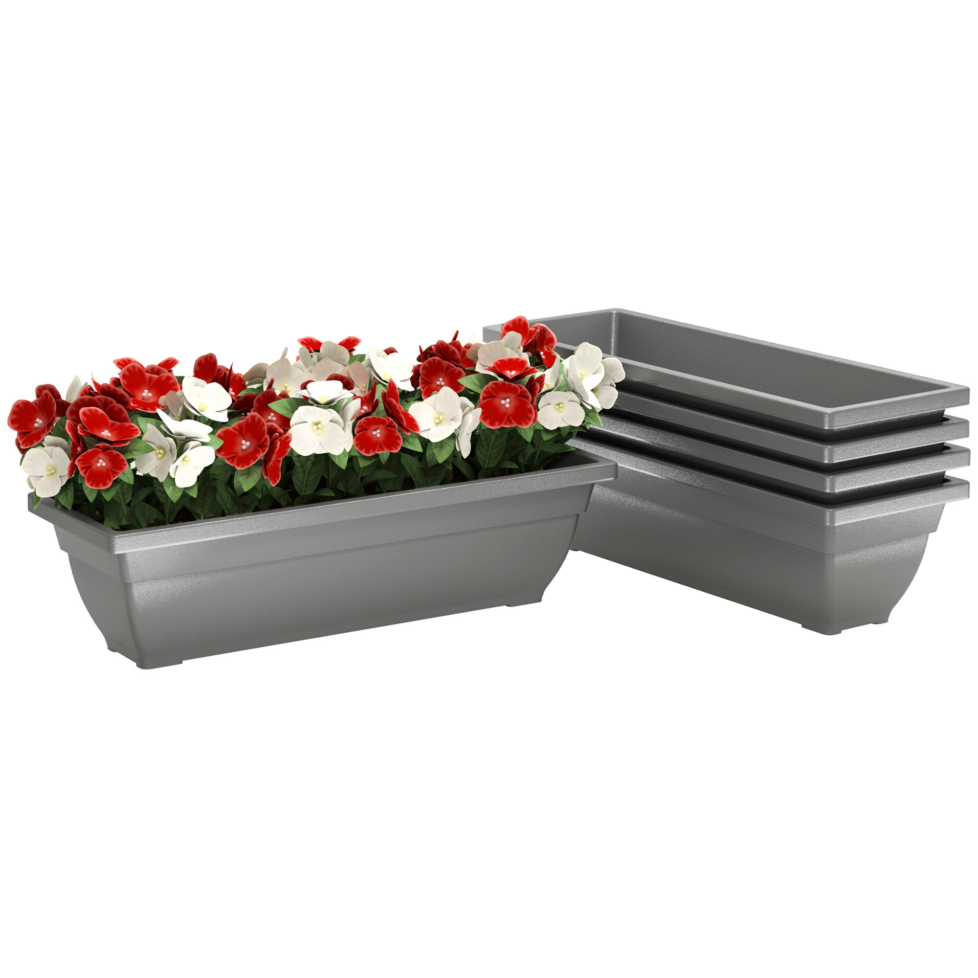 5 plastmasas puķupodu/puķu kastu komplekts terasei, dārzam, balkonam, 59 x 21 x 16 cm, pelēks
