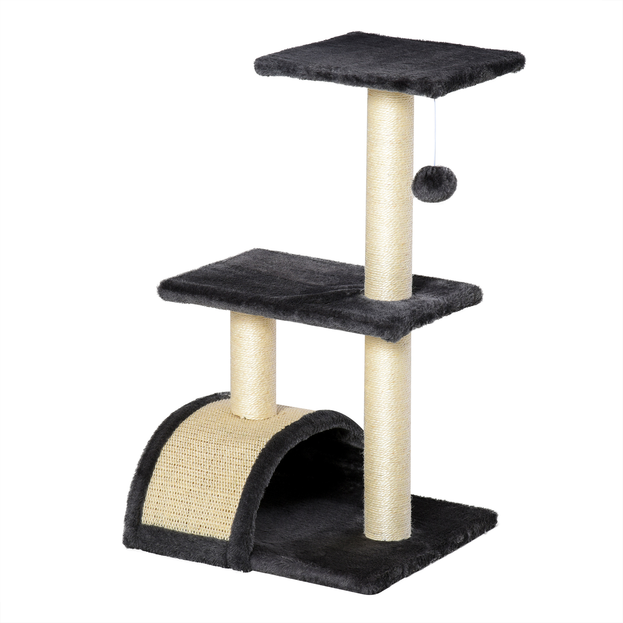 Kaķu koks 72 cm kaķu tornis ar plīša bumbiņām, sizala stabiem, platformu, skrāpējamo dēli, daudzlīmeņu kaķu koks, kāpšanas koks, vidēja lieluma kaķiem, pelēks
