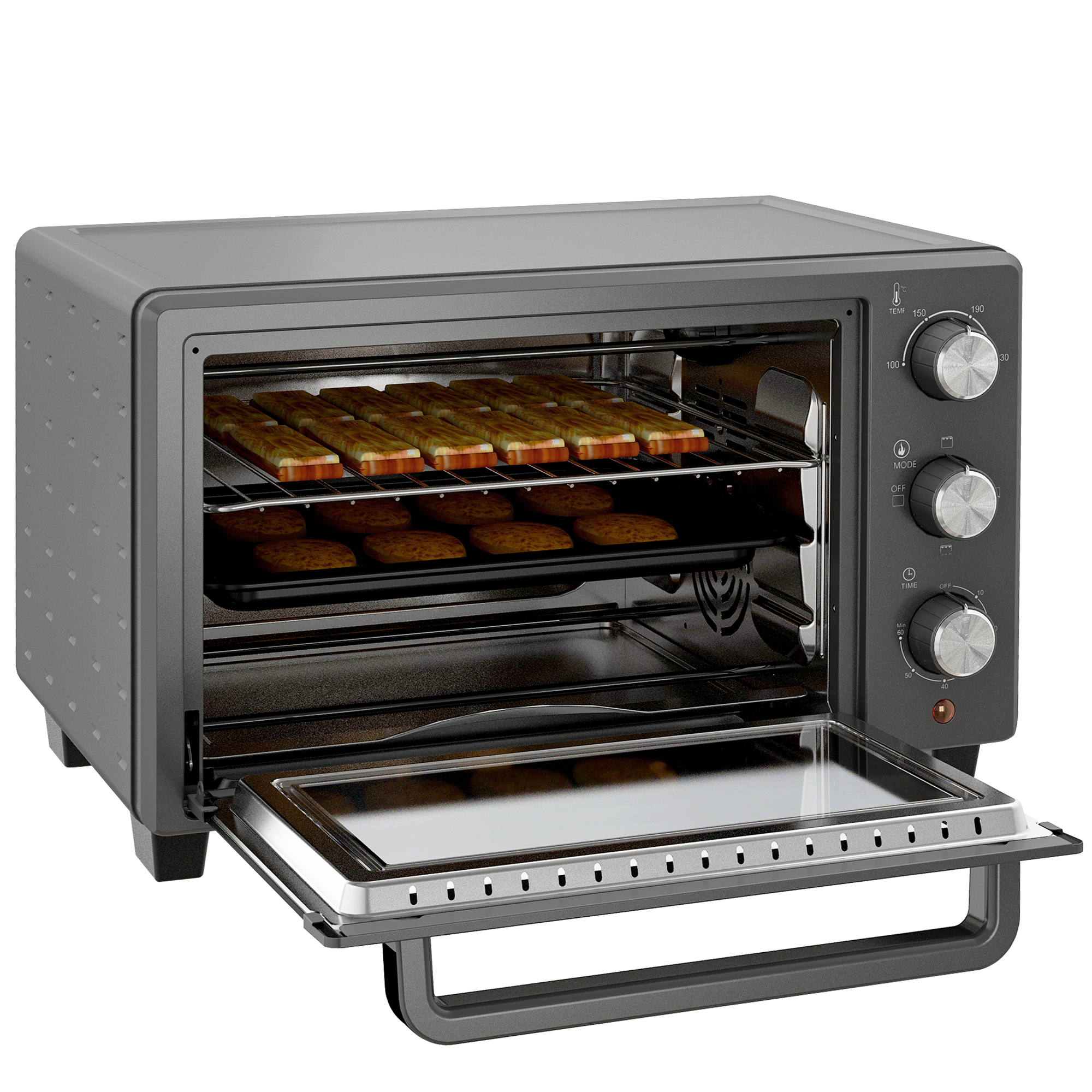 Mini cepeškrāsns, 21 l tosterkrāsns ar 1 restēm un 1 cepšanas paplāti, 3 gatavošanas režīmi, 100°C-230°C, nerūsējošais tērauds, stikls, pelēka