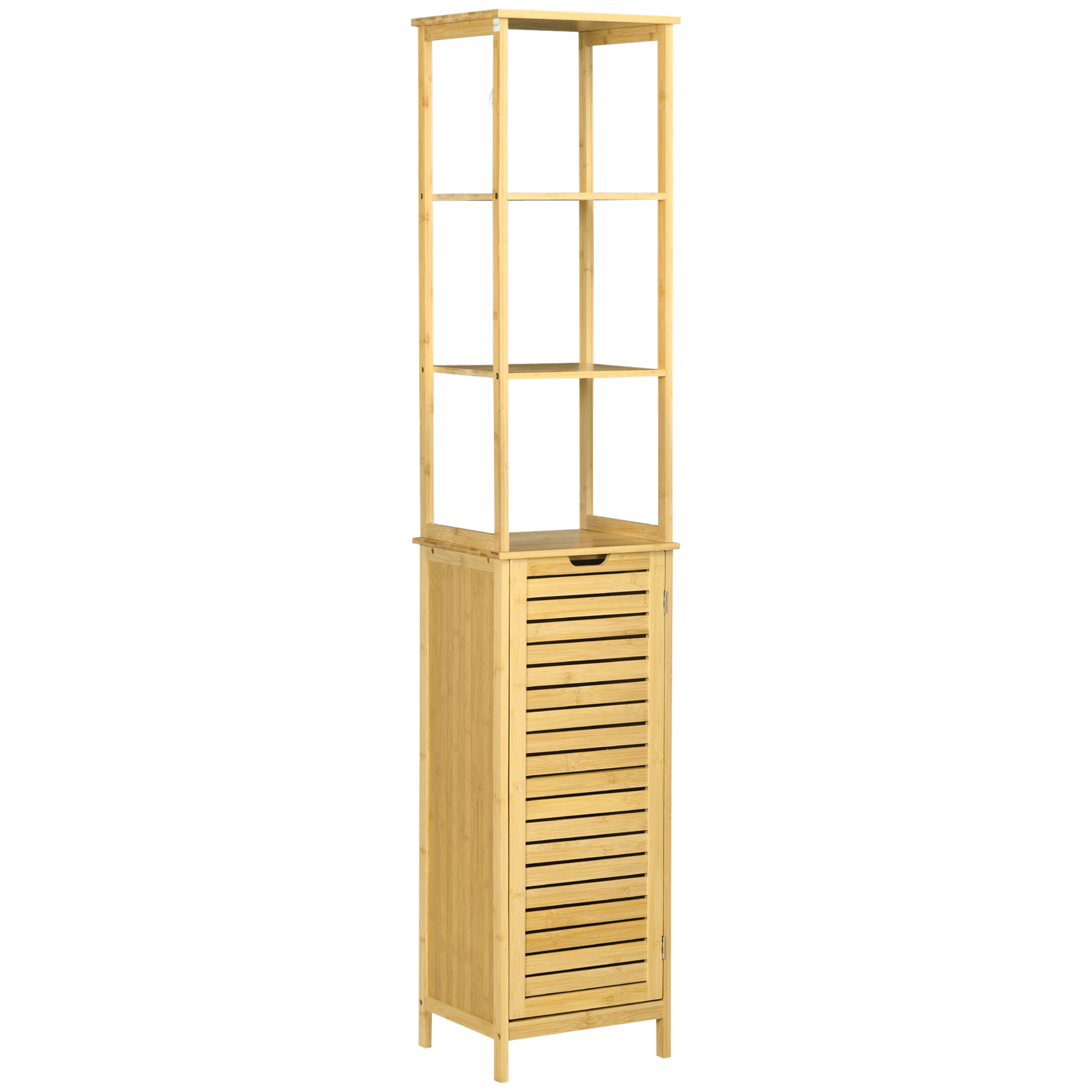 Vannas istabas skapītis, augsts skapis, trīs plaukti, viens skapja nodalījums ar redeļu durvīm, aizsardzība pret apgāšanos, bambuss, 34 x 30 x 173 cm