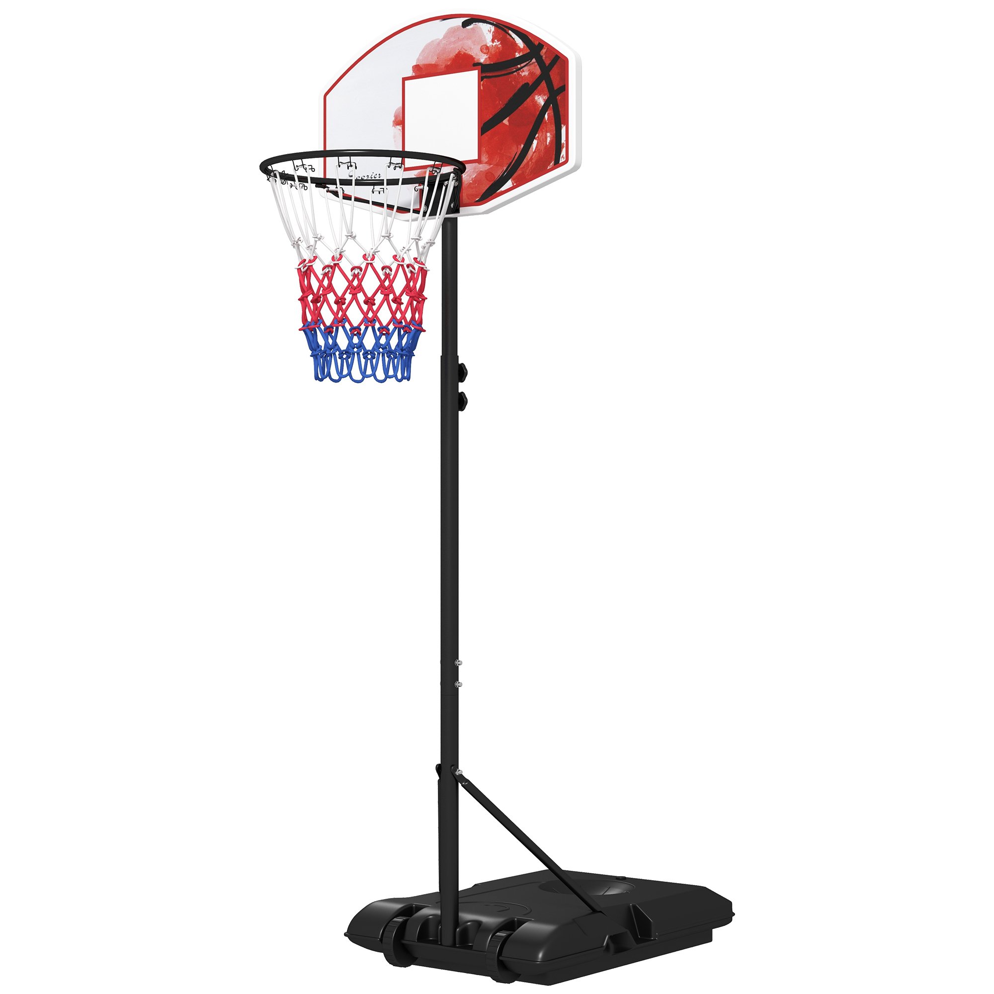 Augstumā regulējams basketbola grozs, brīvi stāvošs, ar tīklu un riteņiem, liela pamatne, 179-209 cm, plastmasa, tērauds