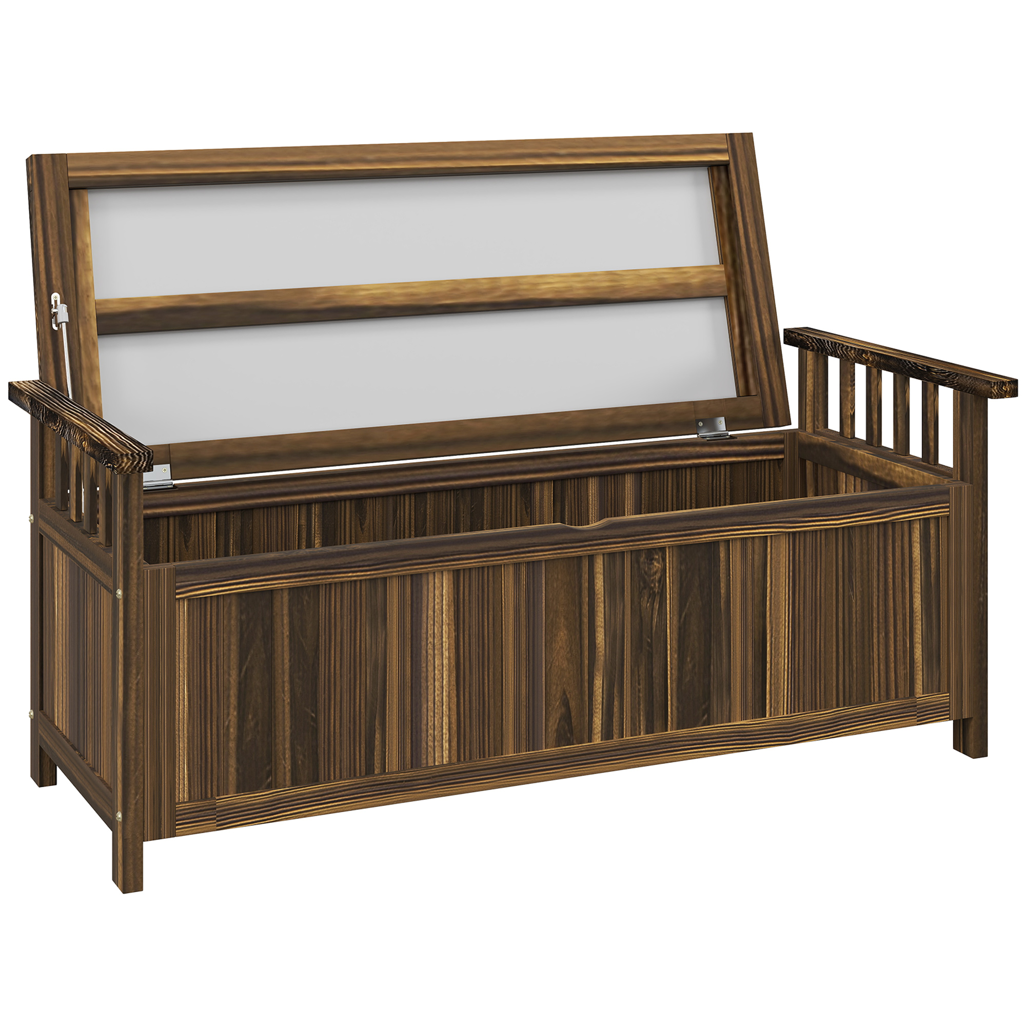 Divvietīgs koka dārza sols, laikapstākļiem izturīgs, dārza mēbeles ar uzglabāšanas vietu un roku balstiem, 128,5 x 52 x 53,5 cm, apdedzināts
