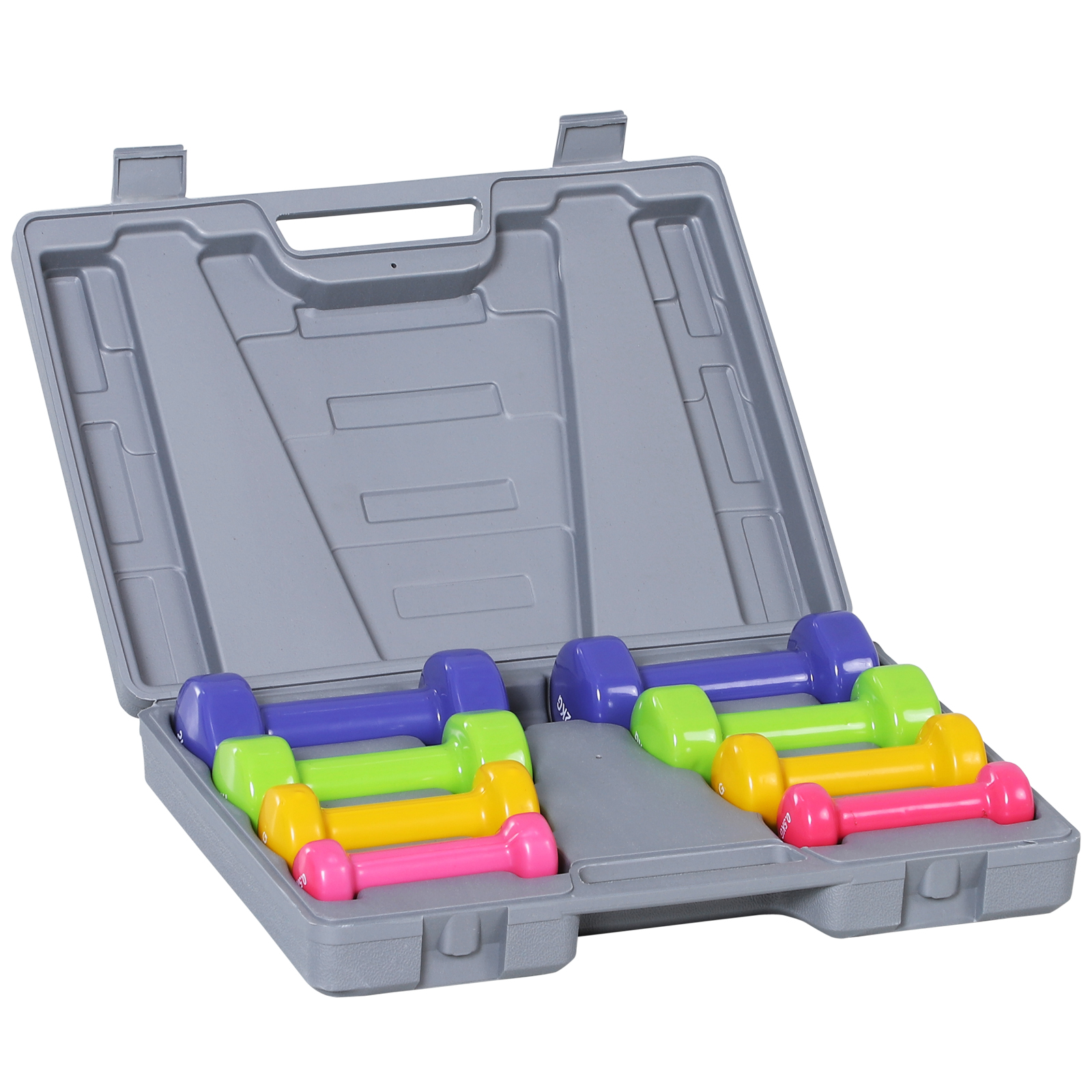 Hanteļu komplekts, 4 hanteļu pāri ar futrāli, 0,5 kg/1 kg/1,5 kg/2 kg, dzelzs + plastmasa, sarkana, dzeltena, zaļa, violeta