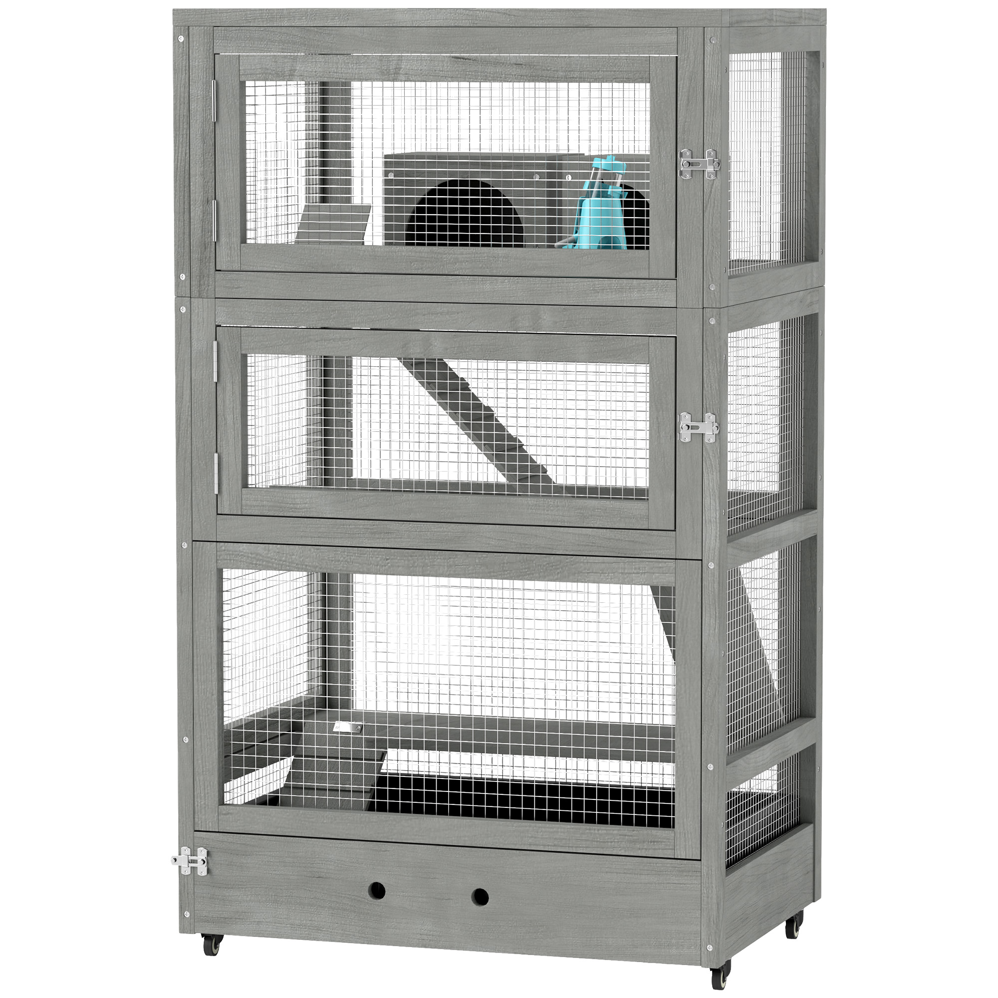 4 līmeņu koka kāmju būris ar mājiņām, šūpolēm, barības bļodām, rampām un riteņiem, 65 x 45 x 109 cm, pelēks