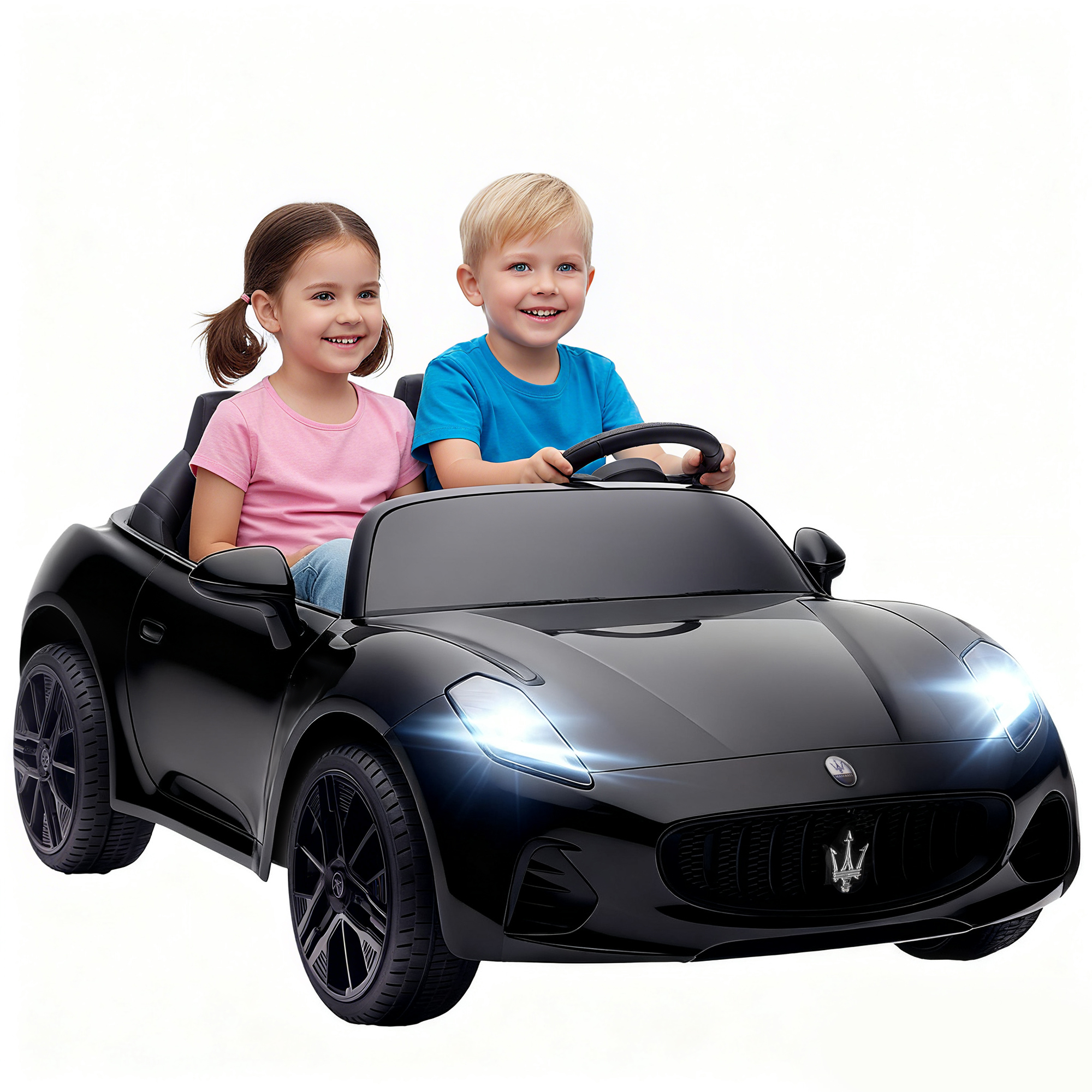 Maserati elektromobilis bērniem, divvietīgs, darbojas ar 12 V akumulatoru, tālvadības pults, LED gaismas, mūzikas funkcija, melns