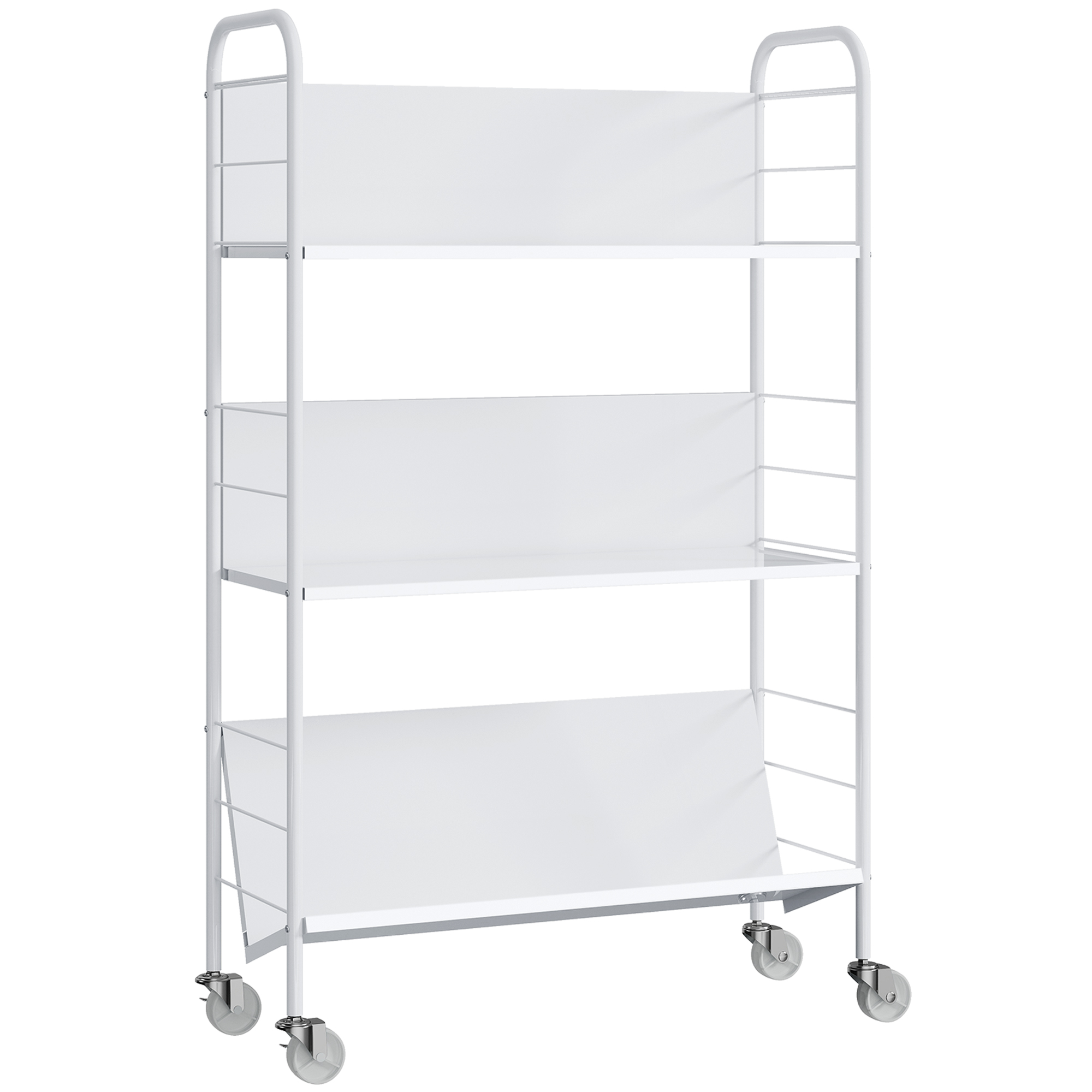 Grāmatu plaukts/glabāšanas plaukts ar 3 līmeņiem, ritentiņiem, rotaļlietu plaukts guļamistabai, 69 x 26 x 108 cm, balts