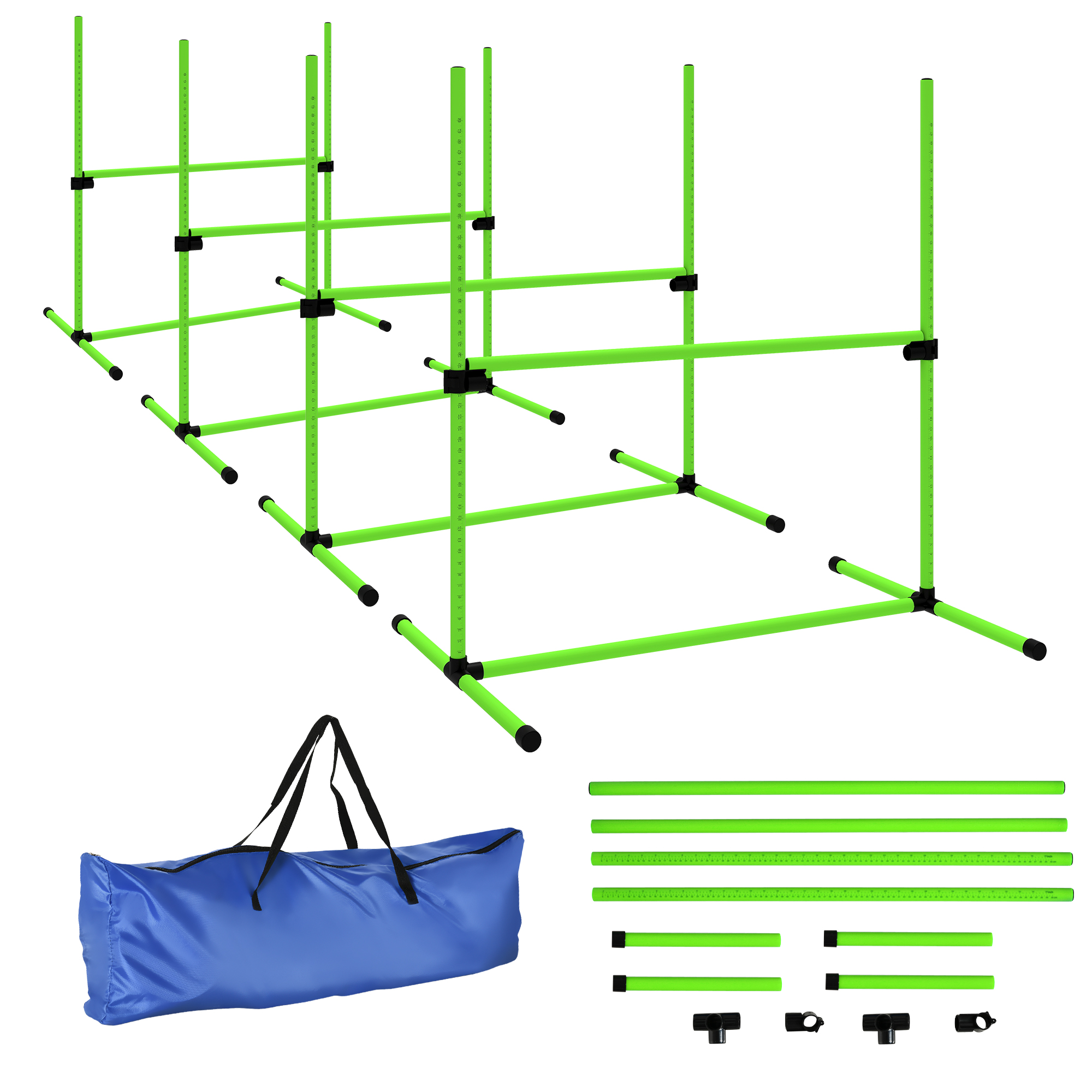 Suņu veiklības komplekts, 4 daļu, augstumā regulējams veiklības aprīkojums ar 4 šķēršļiem, pārnēsāšanas soma, 99 x 65 x 94 cm, zaļš