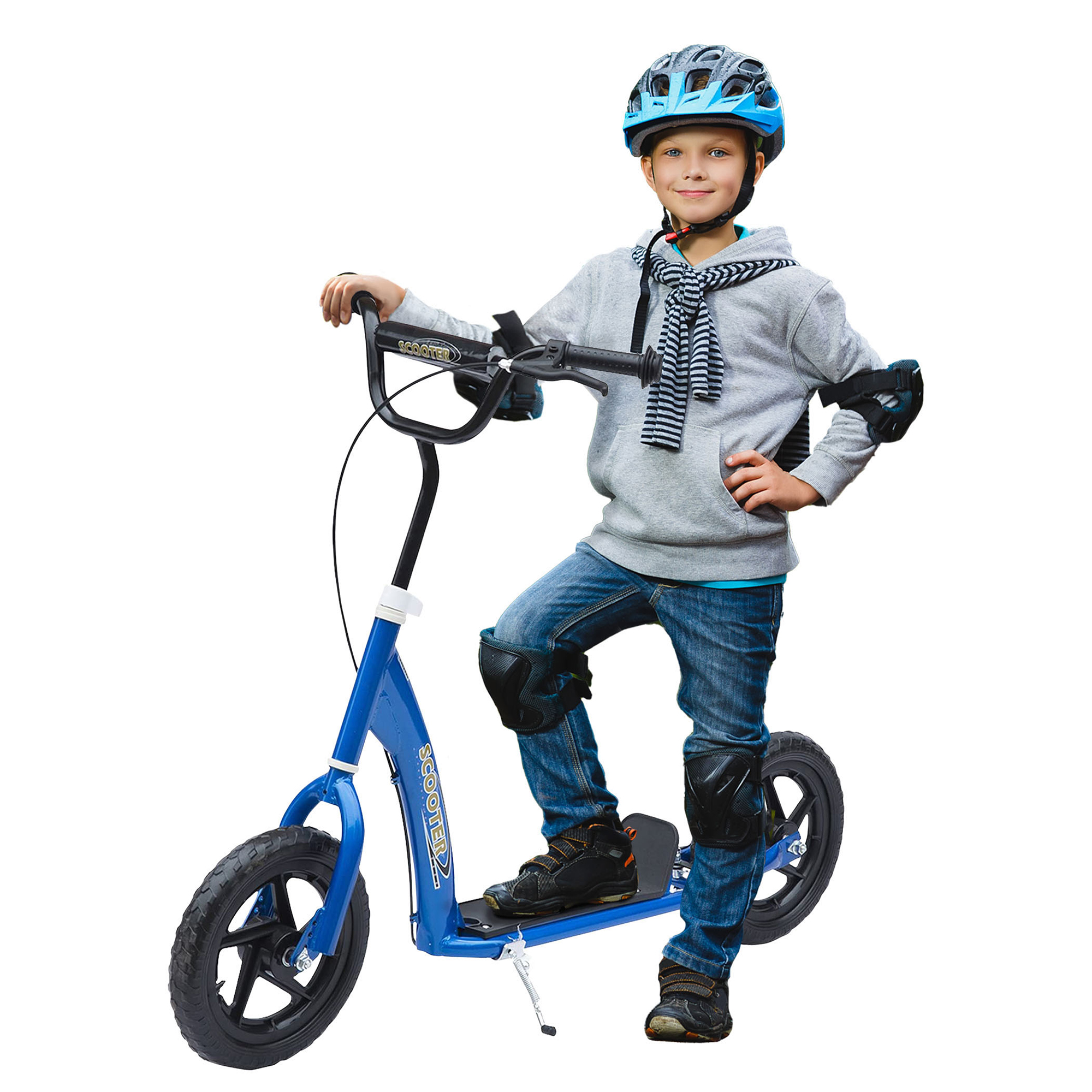 Bērnu skrejritenis ar aizmugurējo bremzi, kick skrejritenis, 30,5 cm kick skrejritenis, pilsētas skrejritenis bērniem, kickboard, regulējams augstums, tērauds, EVA, zils, 120 x 52 x 80-88 cm