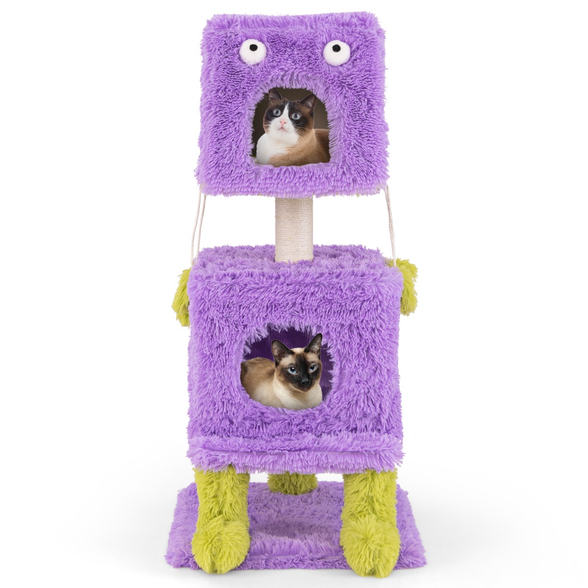 Monster tēmas mazs skrāpējamais stabiņš ar diviem mīkstiem kaķu midzeņiem un noņemamu augšdaļu, augstums 111 cm, violets