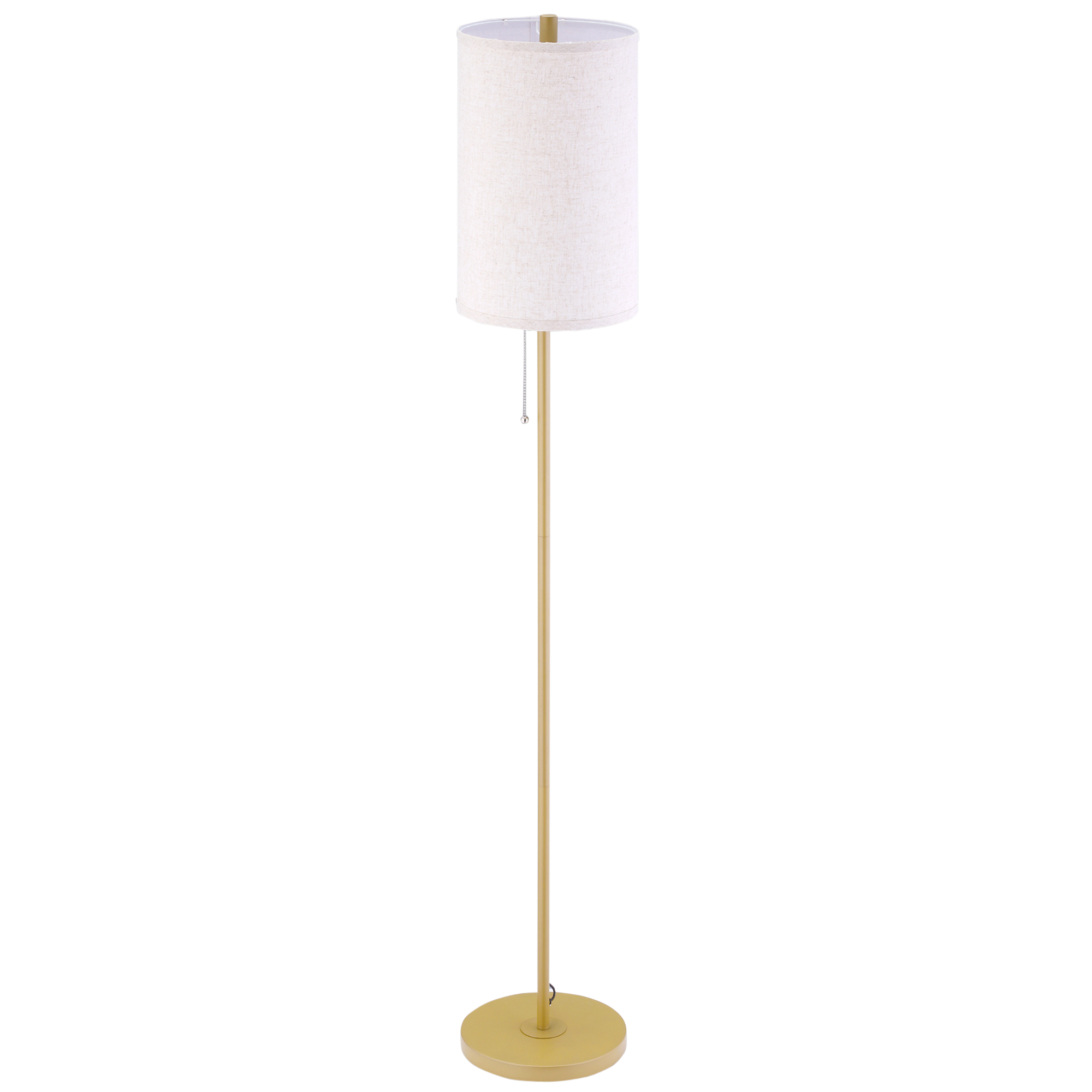 Stāvlampa, eleganta tērauda stāvlampa ar auduma abažūru, viesistabas lampa, ķēdes slēdzis, zelta+balta