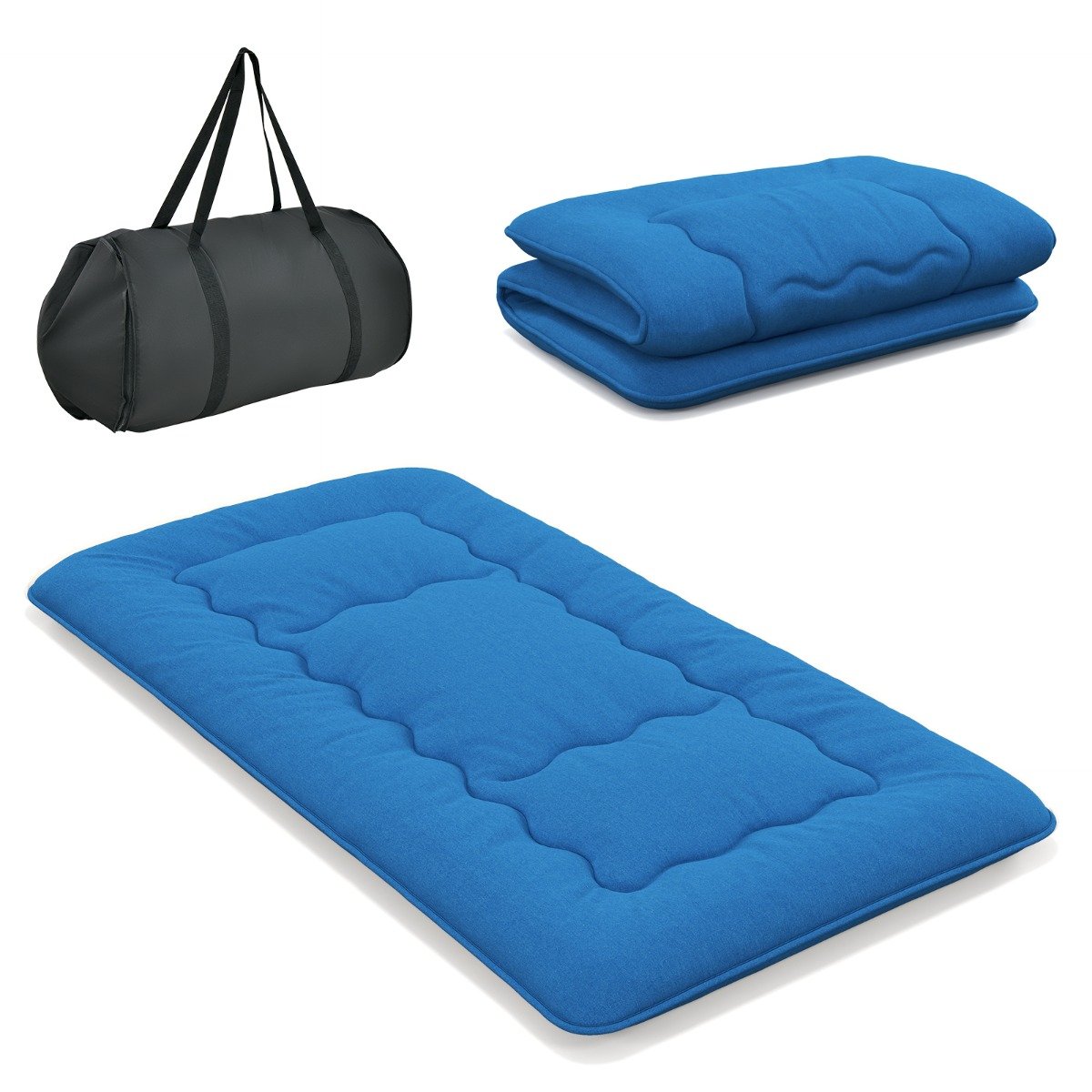 Pestava katte ja kandekotiga jaapani futon-madrats ning rullitav tatami-madrats (90x200 cm) sinine