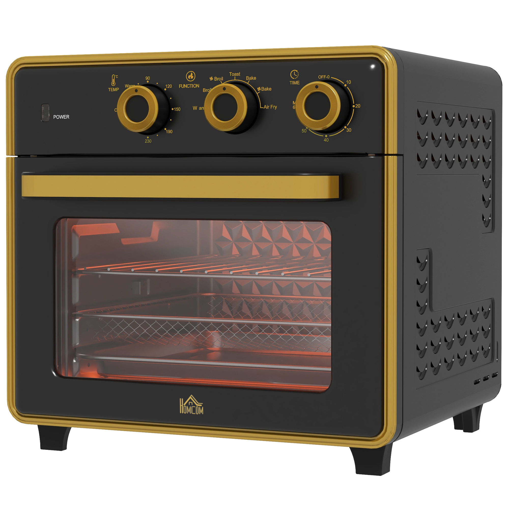Mini cepeškrāsns, 20 litri, cepšana bez eļļas, grilēšana, cepšana cepeškrāsnī, konvekcija, 90–230 °C, taimeris, 1400 W, melna+zelta