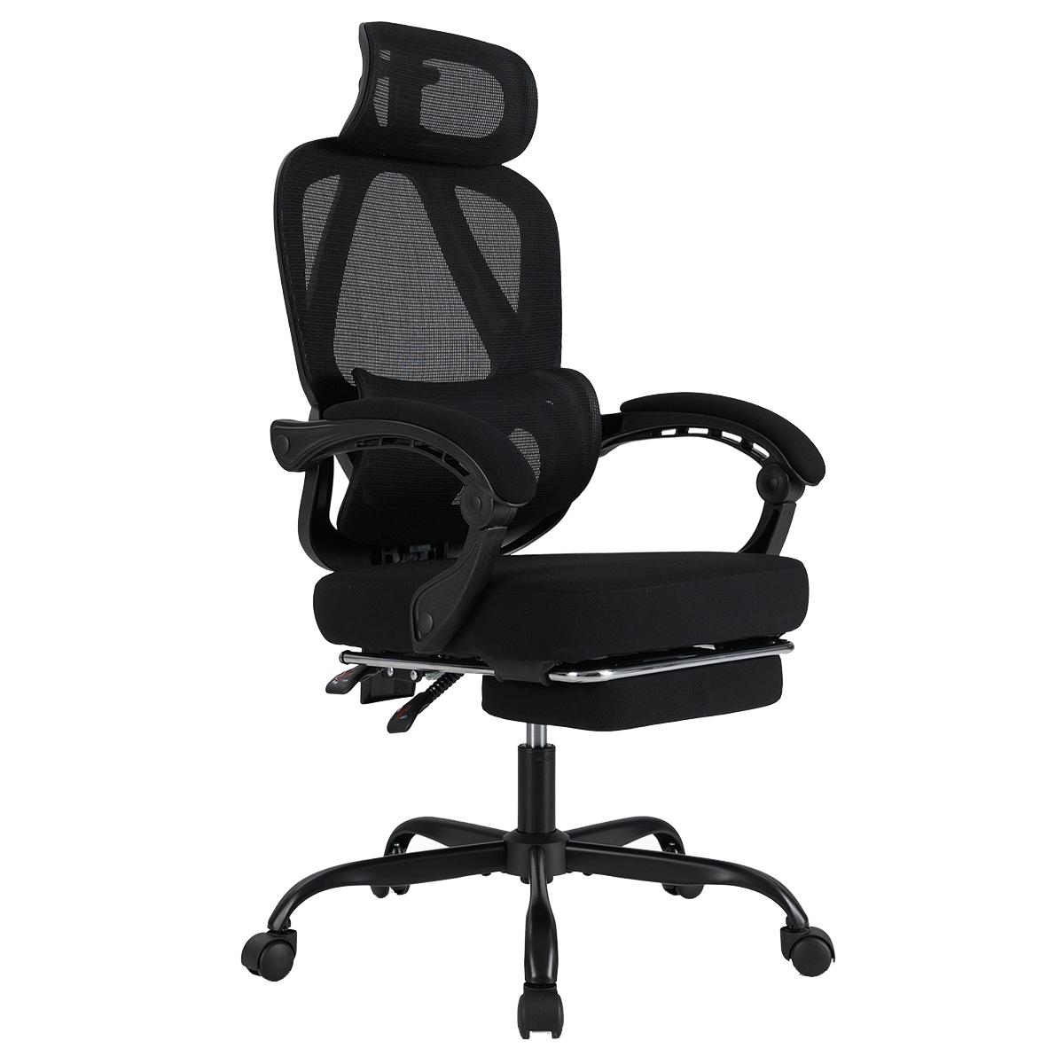 Ergonomisks biroja krēsls ar augstu atzveltni, sieta auduma rakstāmgalda krēsls ar izvelkamu kāju balstu - melns