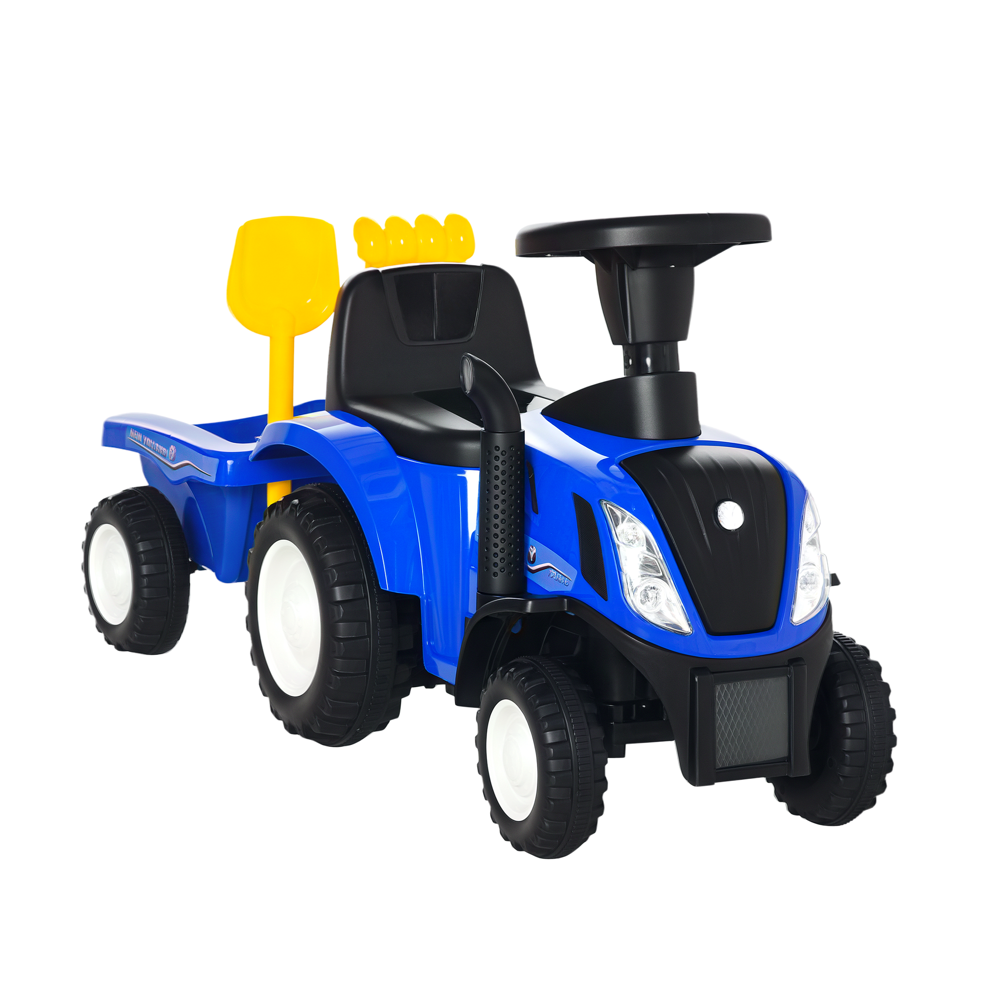 Braucamtraktors ar piekabi, skaņas signālu, smilšu rotaļlietu, no 1 gada vecuma, plastmasa+metāls, zils, 91 x 29 x 44 cm