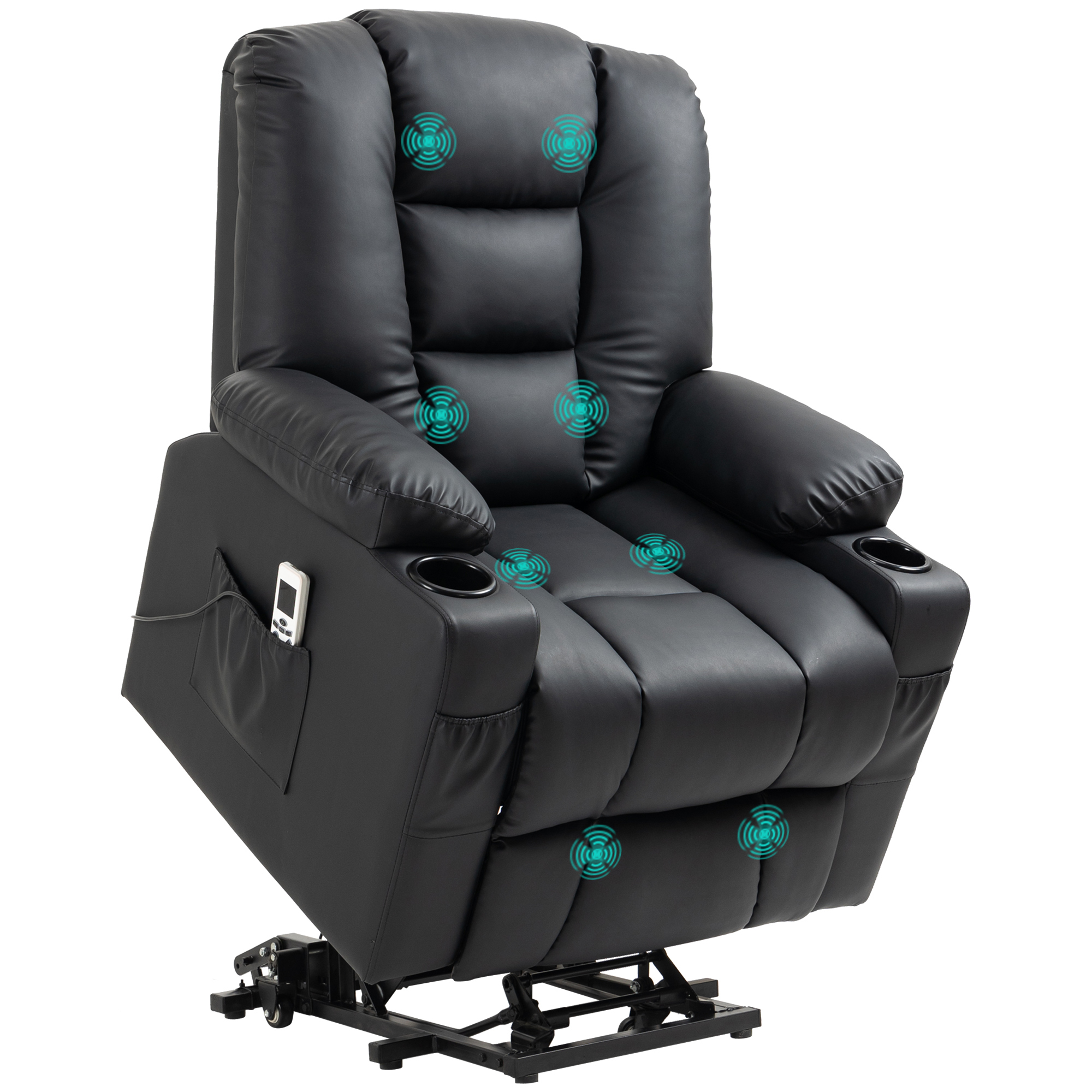 Atgāžams atpūtas krēsls ar pacelšanas palīgsistēmu, USB ports, masāžas funkcija, mākslīgā āda, līdz 150 kg, 90x98x102 cm, melns