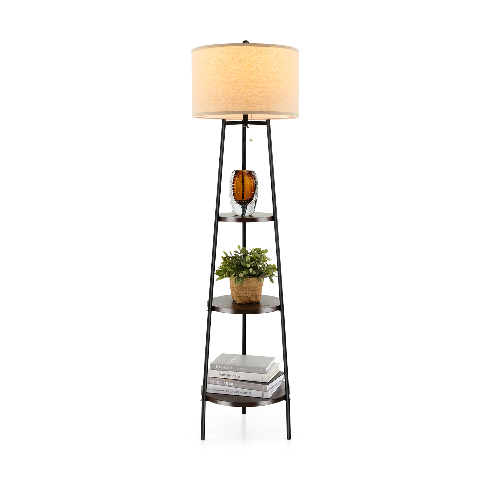 Stāvlampa ar koka plauktiem kravnesība līdz 15 kg stāvlampa ar lina abažūru