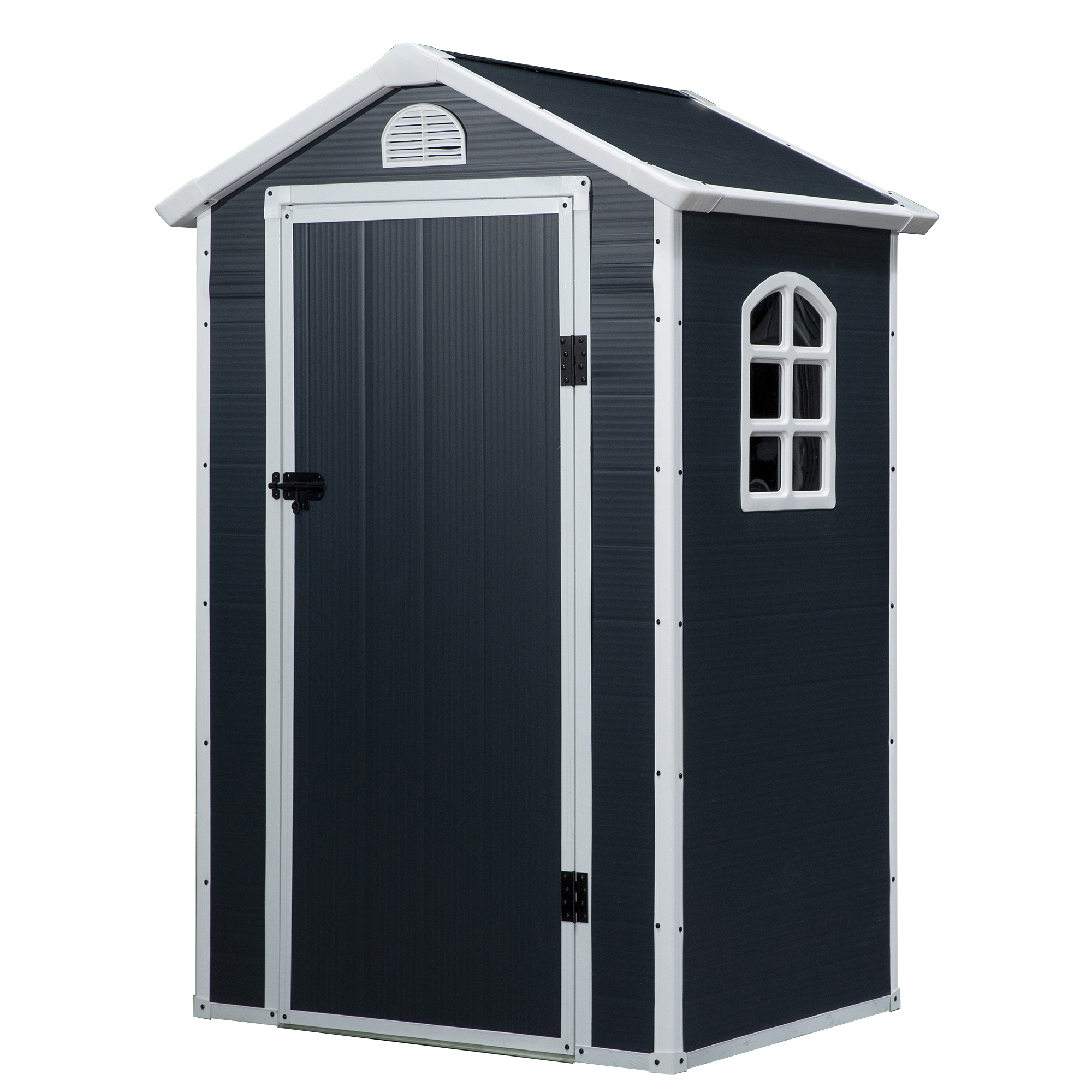 Dārza šķūnis 1,1 m², instrumentu šķūnis ar slīpu jumtu, 134 x 104 x 204 cm, plastmasas dārza šķūnis ar aizslēdzamām durvīm, ventilācijas atveri un logu, tumši pelēka dārza mājiņa