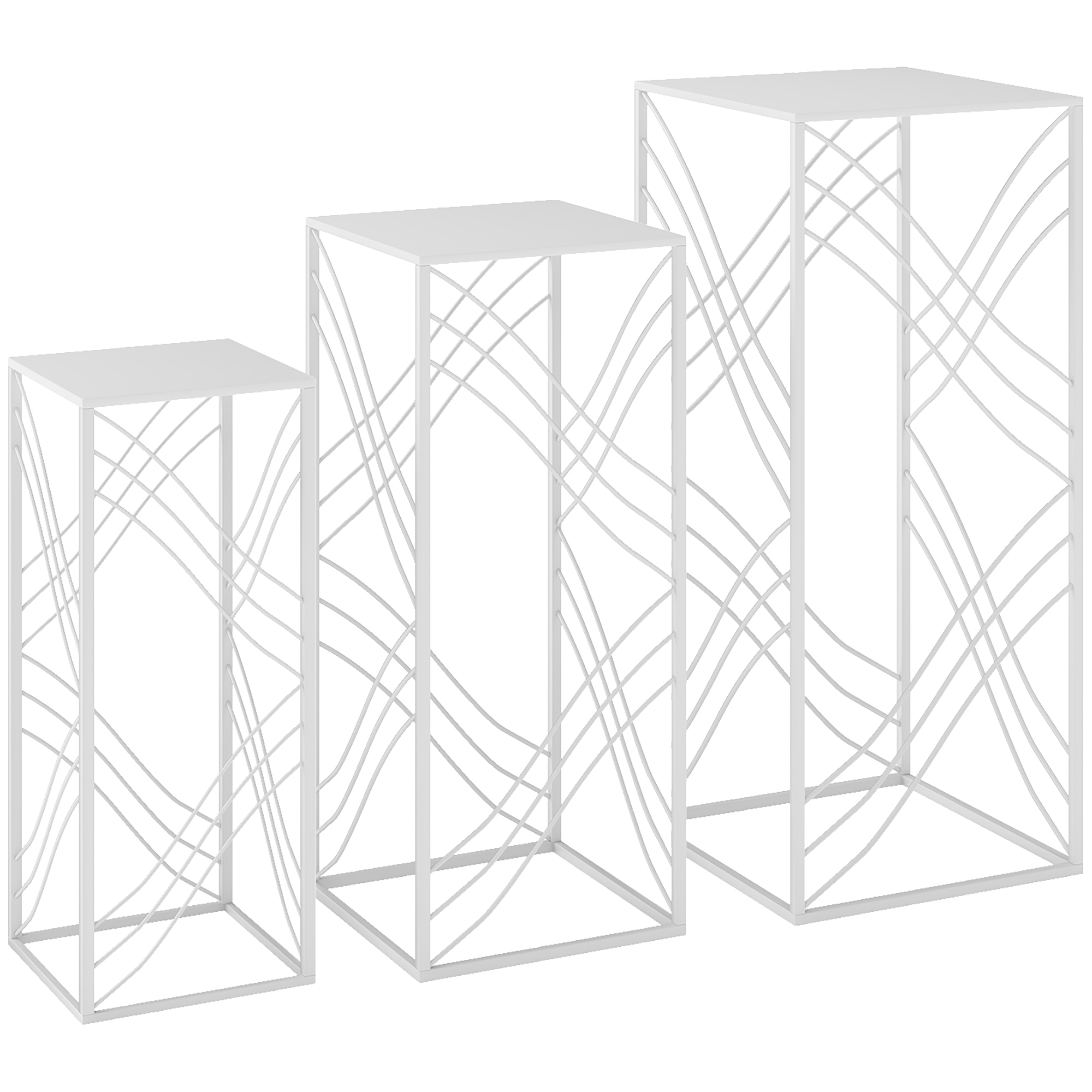 3 lillealuse komplekt 50/60/70 cm kõrged virnastatavad metallist lillepiiulid valged