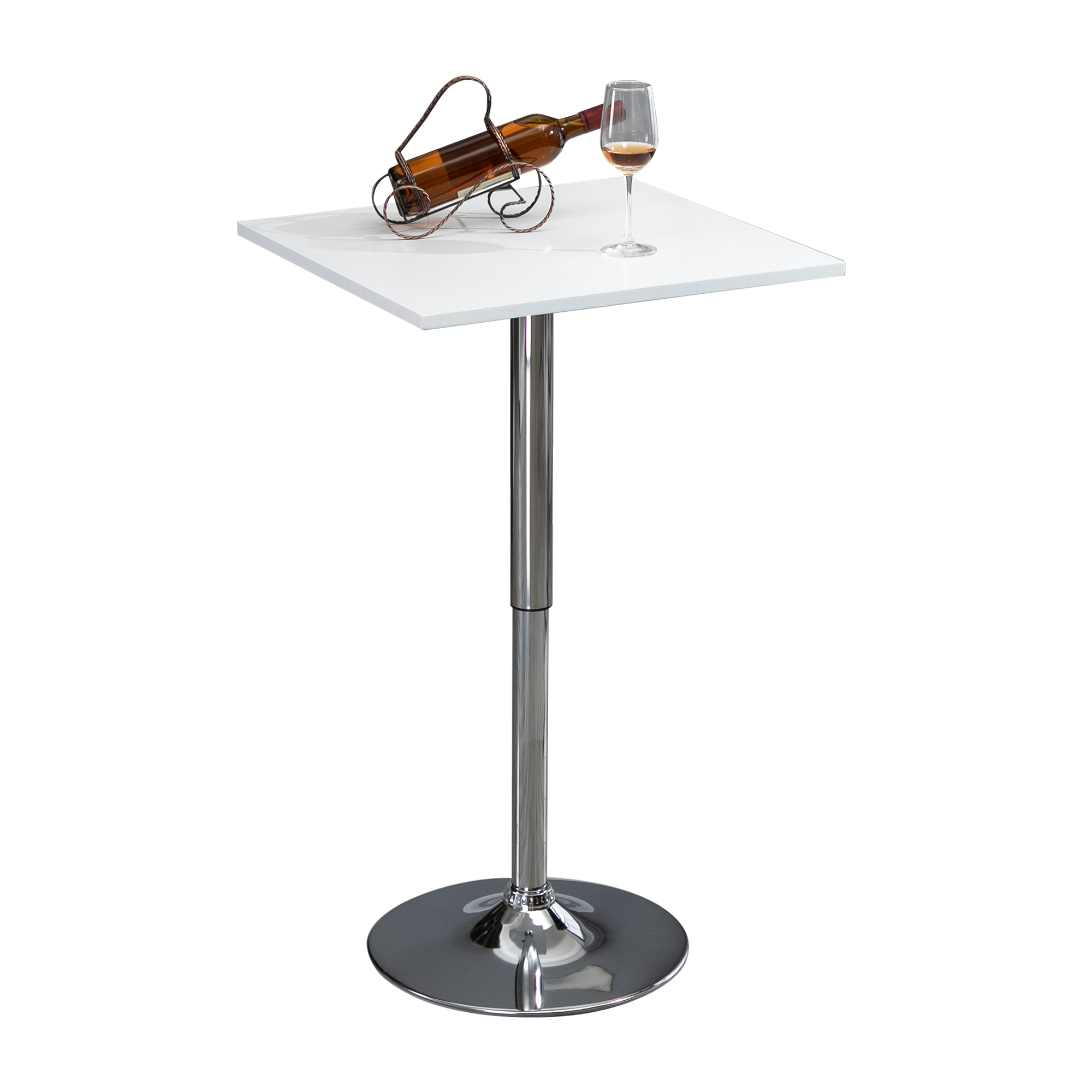 Augstumā regulējams bāra galds, 360° rotējošs, pret skrāpējumiem izturīgas kājas, stabila metāla pamatne, balts