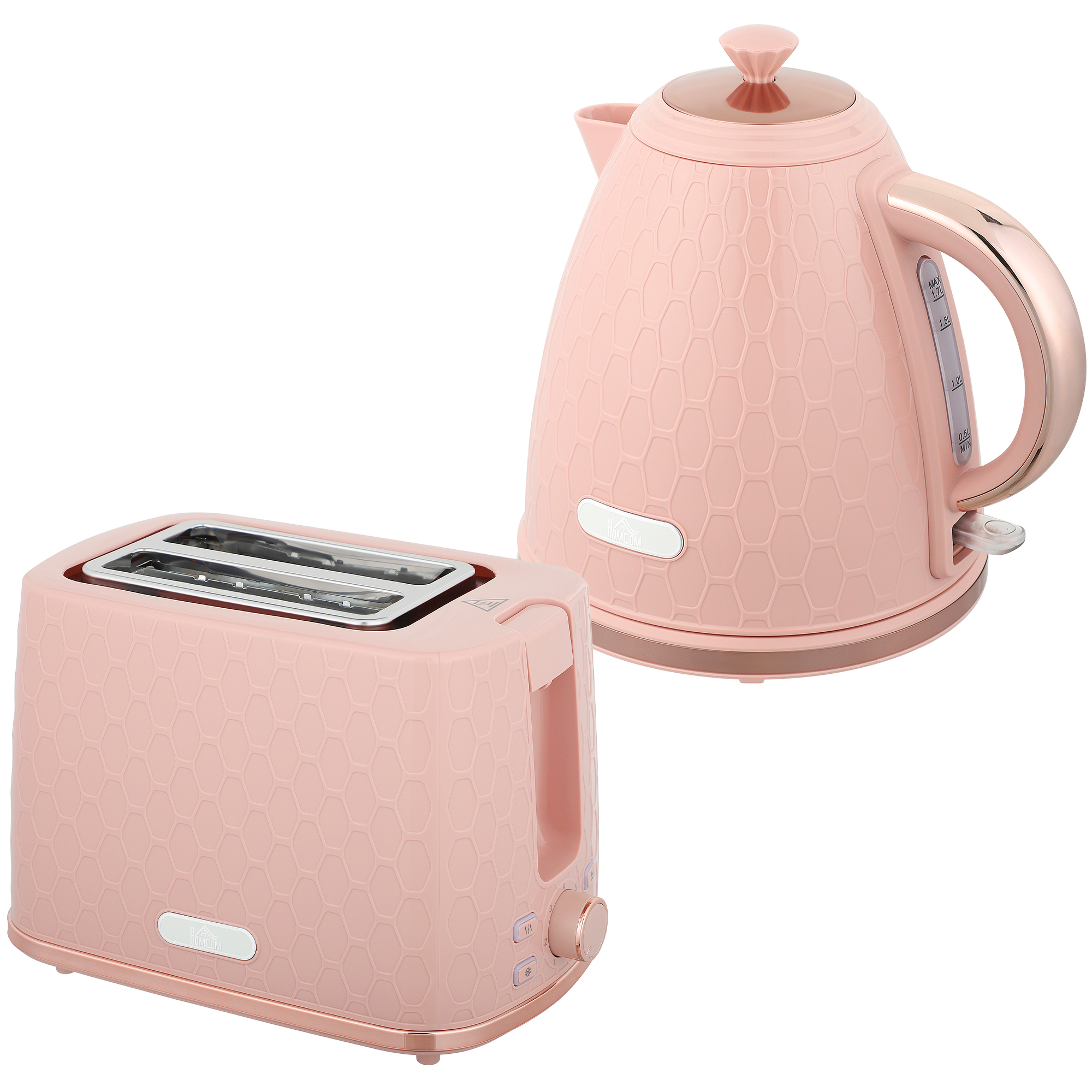 Tējkannas un tostera komplekts, 1,7 l 2200 W ātrvārāmā tējkanna ar automātisku izslēgšanos un 2 šķēļu tosteris ar drupaču paplāti, rozā