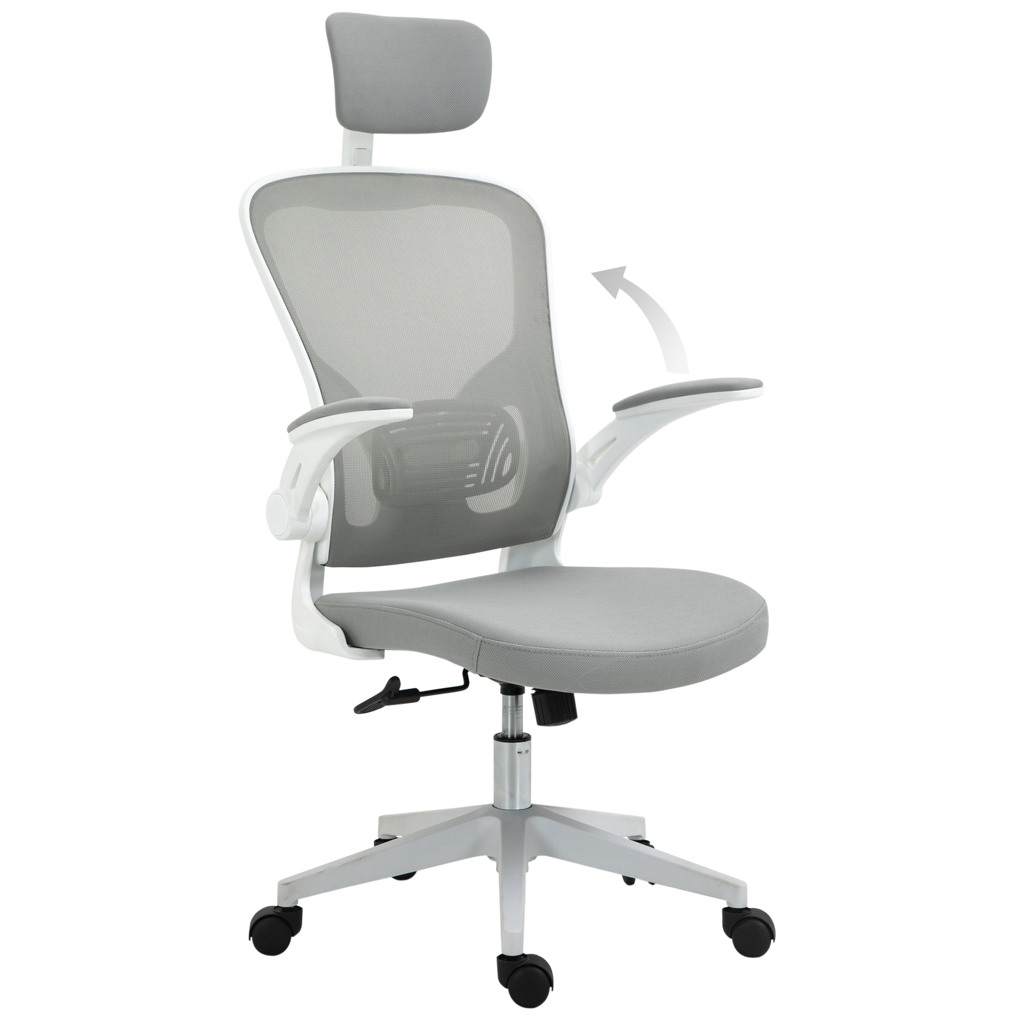 Ergonomisks biroja krēsls ar šūpošanās funkciju, augsta atzveltne, jostasvietas atbalsts, galvas balsts, nolokāmi roku balsti, mājas biroja lietošanai, pelēks, 65 x 64 x 114-122 cm