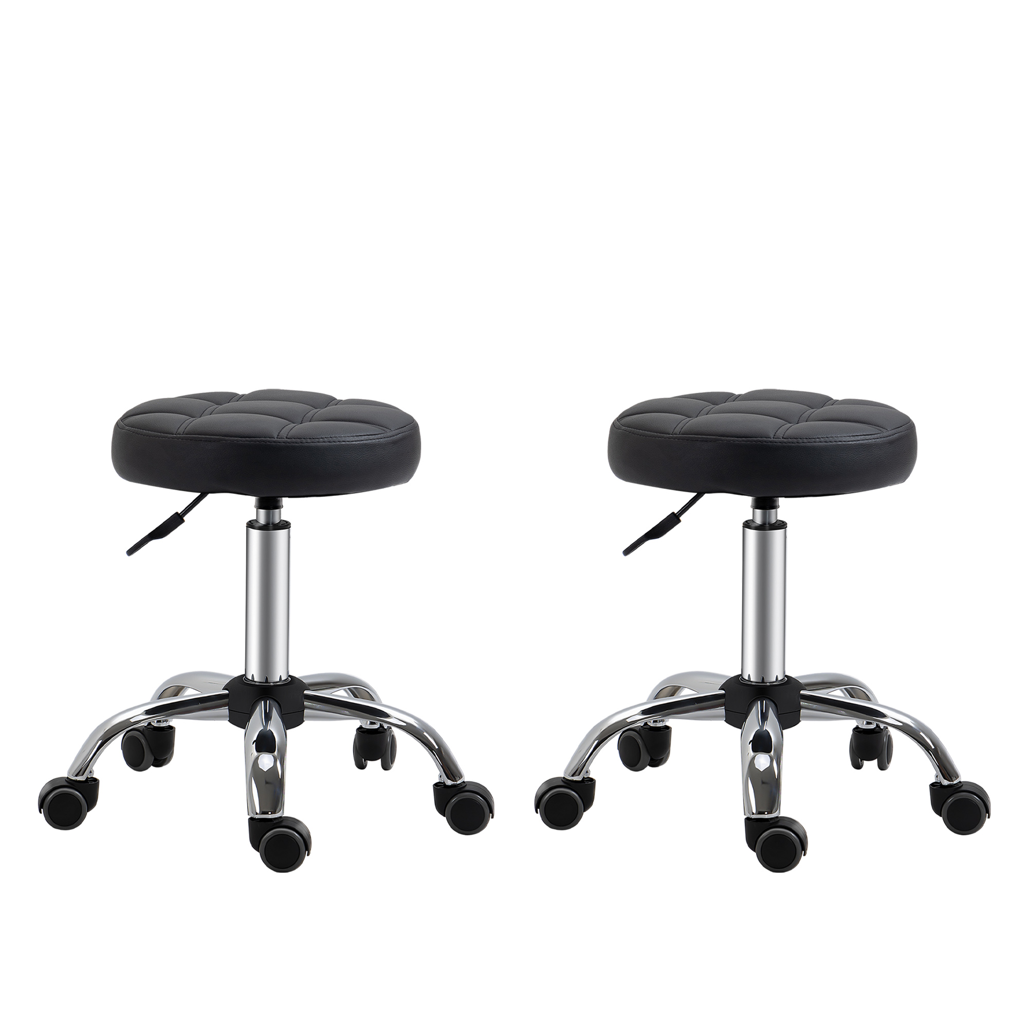 2 regulējama augstuma riteņkrēslu komplekts, grozāmi krēsli 48-63 cm, 360° rotējoši darba krēsli, biroja krēsli birojam, salonam, masāžai, spa, melni