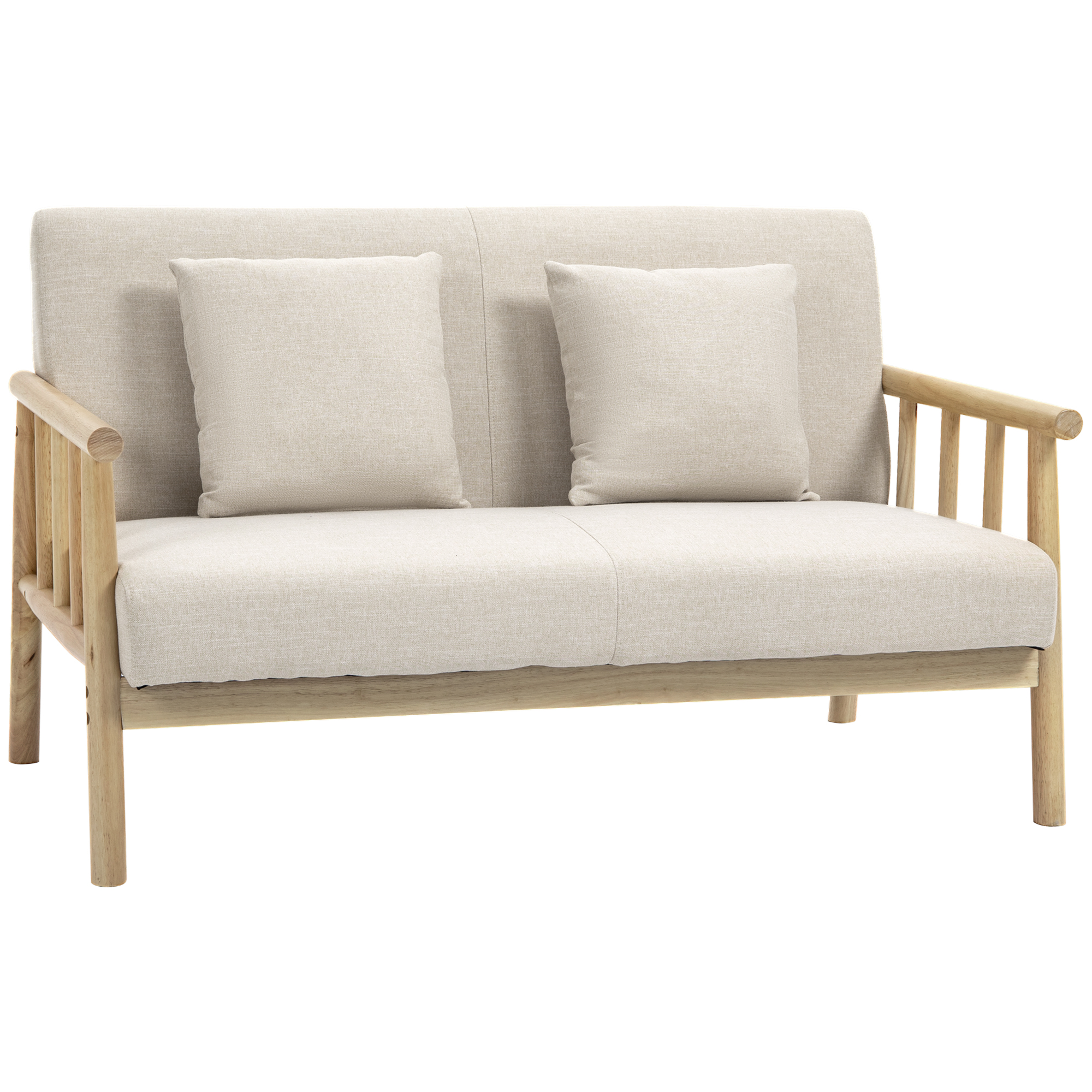 Divvietīgs dīvāns, lina imitācijas auduma apdare, kompakts, līdz 200 kg, koka rāmis, 123 cm garš x 69 cm plats x 74 cm augsts, bēšs