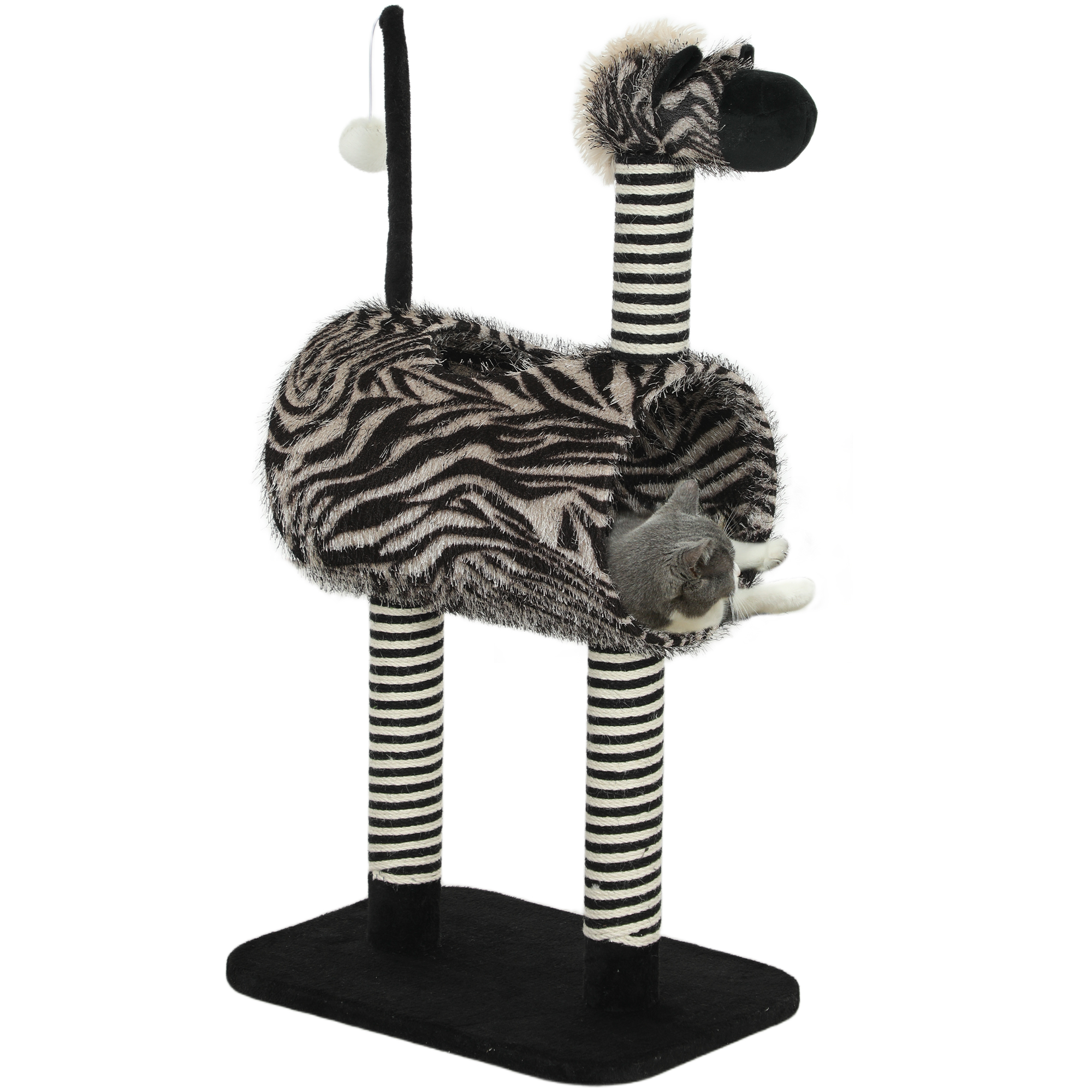 Zebra kaķu skrāpēšanas stabs, 1 kaķu tunelis, 3 skrāpēšanas stabi, 48,5 cm x 35 cm x 93 cm, melns + balts