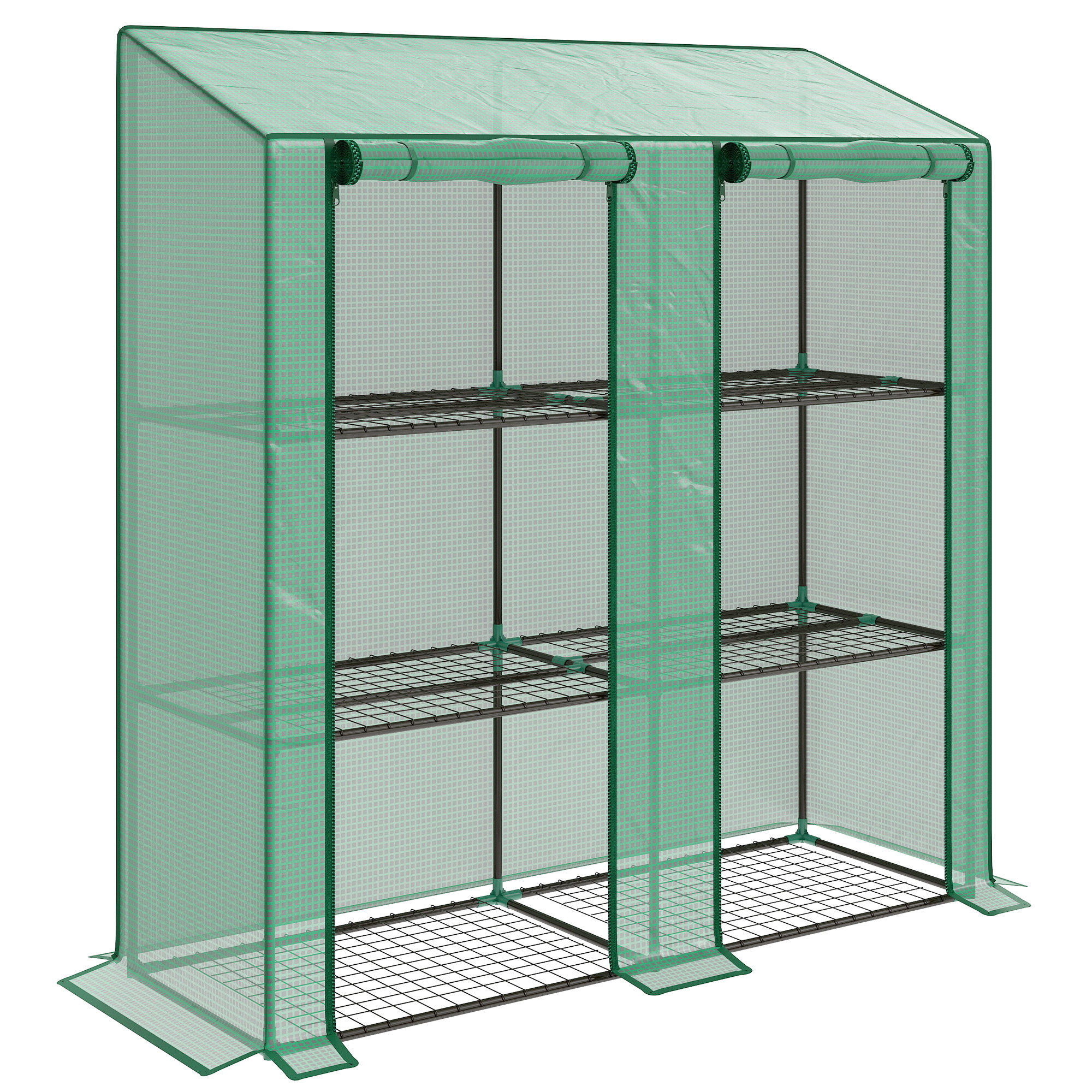 Mini siltumnīca, 3 līmeņi, 6 stiepļu plaukti, 2 atveres, plastmasas brezents, zaļa