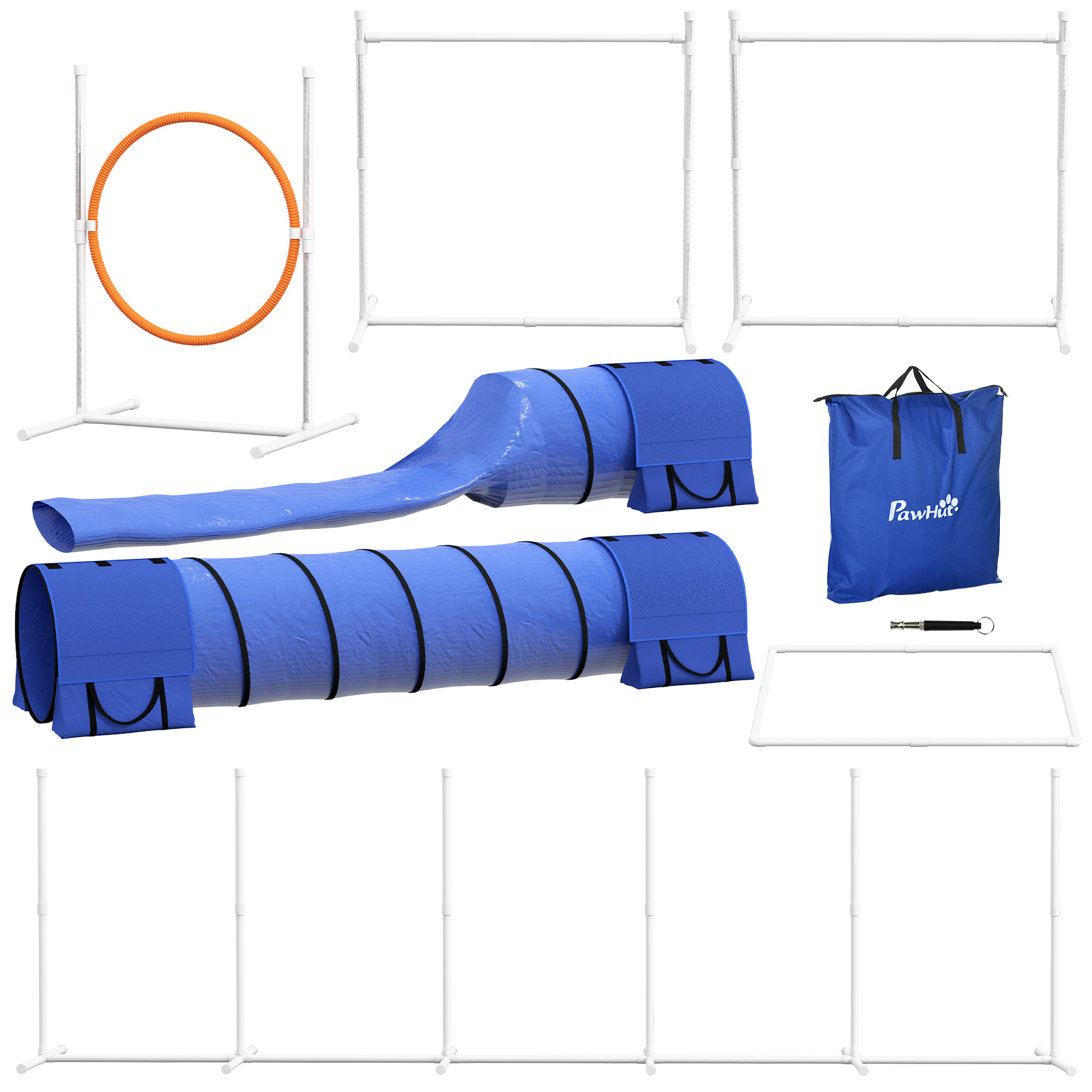 Suņu veiklības komplekts, šķēršļu josla suņiem, 1 riepa, 2 tuneļi, 2 šķēršļi, 321 cm x 63 cm x 93 cm, zils + sarkans + balts