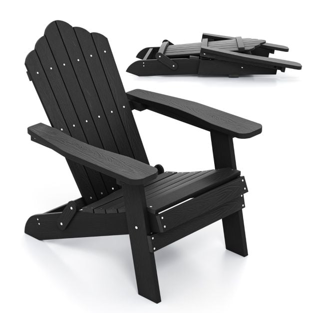 Saliekams Adirondack krēsls ar platiem roku balstiem un slīpu atzveltni, melns