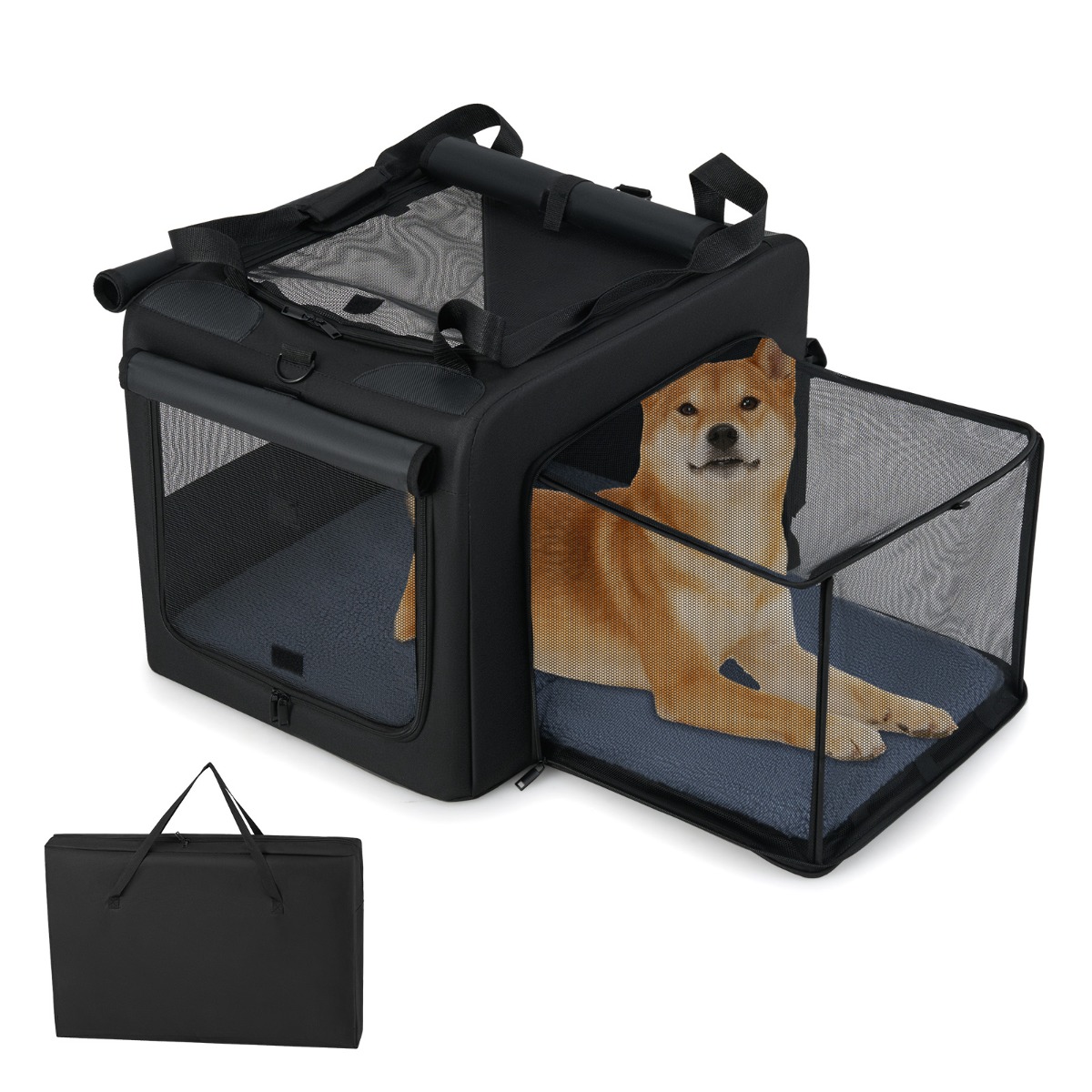 Võrkakende, kahe ava ja tarvikute taskuga kokkupandav lemmiklooma transpordiboks ning koerakott (80 x 60 x 42 cm), must