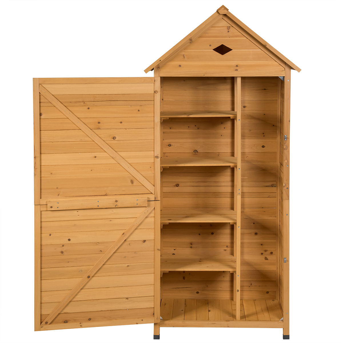 Slēdzams koka dārza skapis ar pieciem iekšējiem plauktiem un divslīpju jumtu, laikapstākļiem izturīga āra instrumentu novietne un piederumu skapis (70 x 35,5 x 160 cm), dabīgs