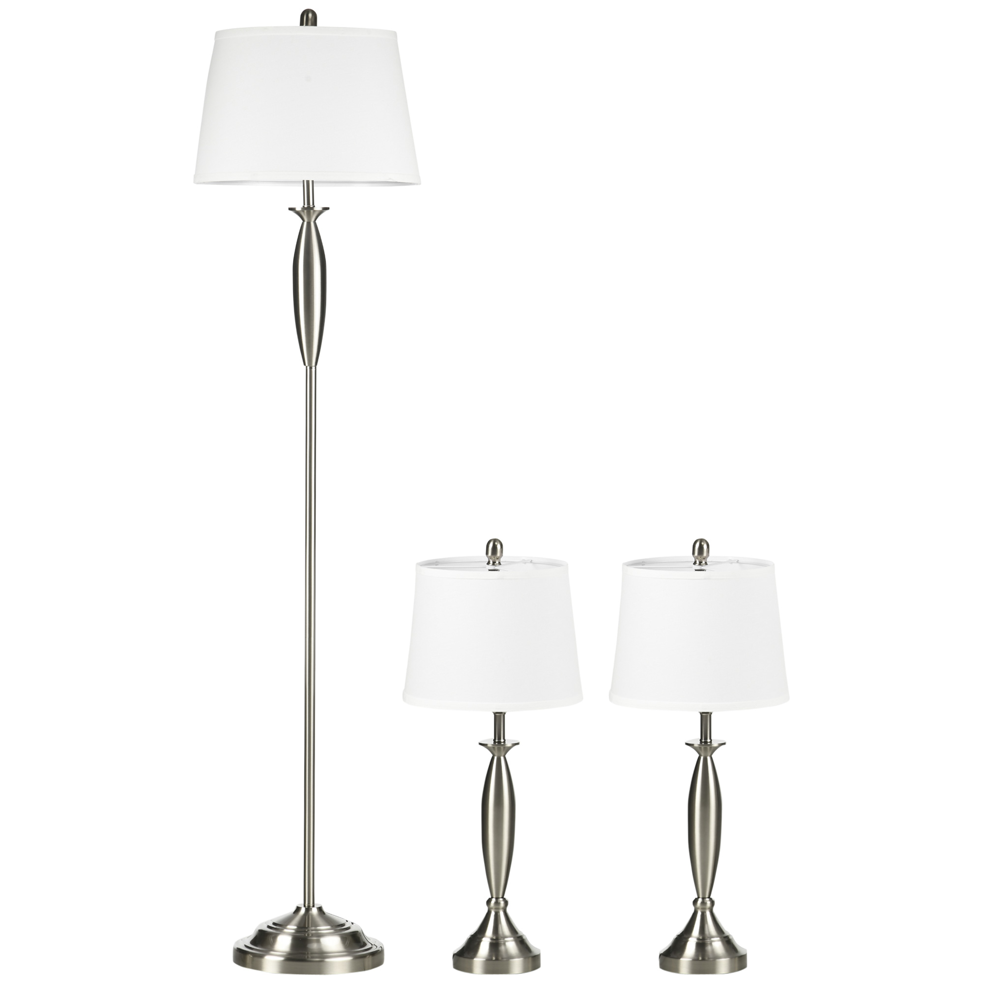 3 daļu apgaismojuma komplekts. 1 stāvlampa, 2 galda lampas, lina imitācija; 38 cm x 38 cm x 158 cm, sudraba + balta krāsa
