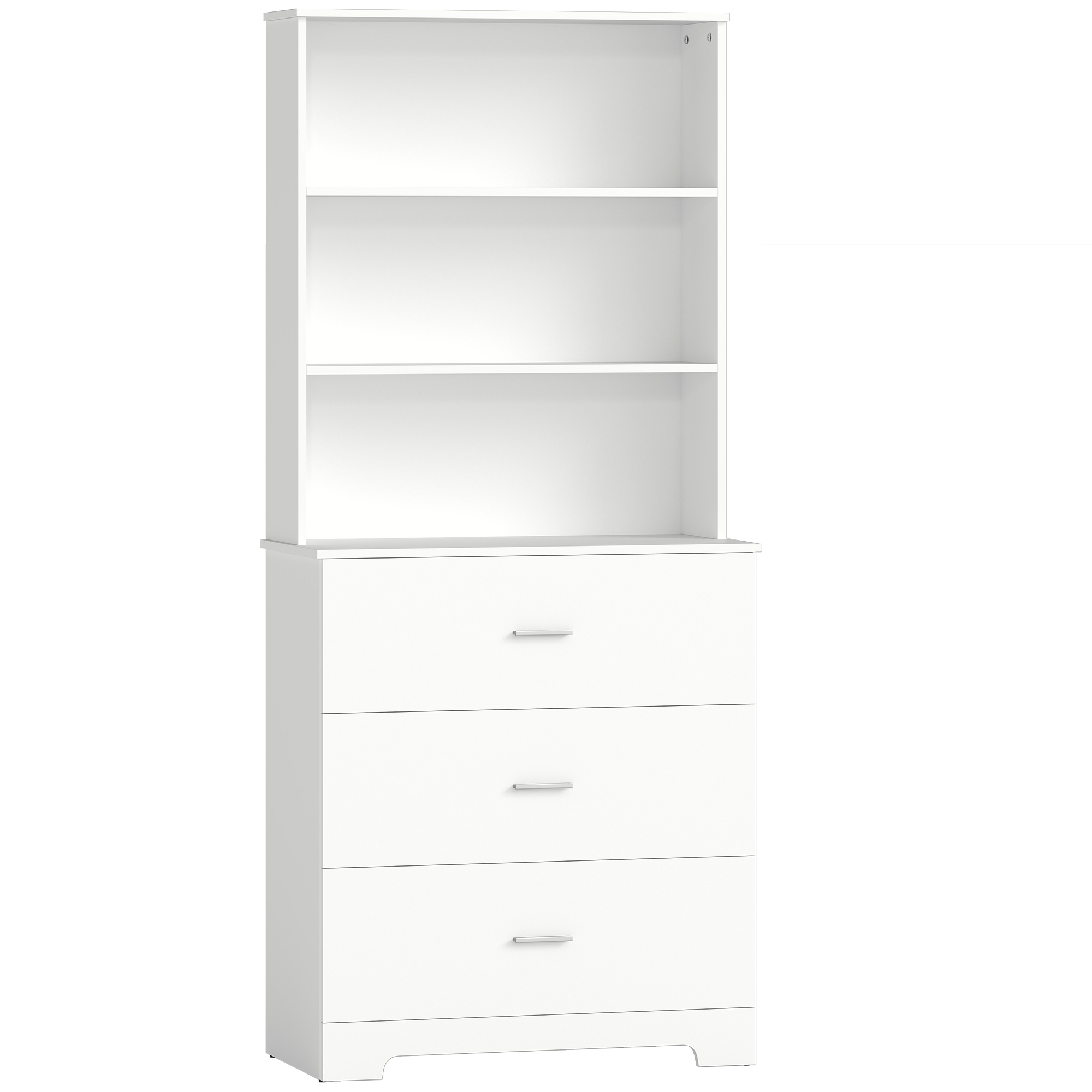 Grāmatu plaukts, augsts skapis, vitrīna ar 3 atvilktnēm, 3 atvērtiem plauktiem, viesistabai, virtuvei, 79x39,5x180 cm, balts