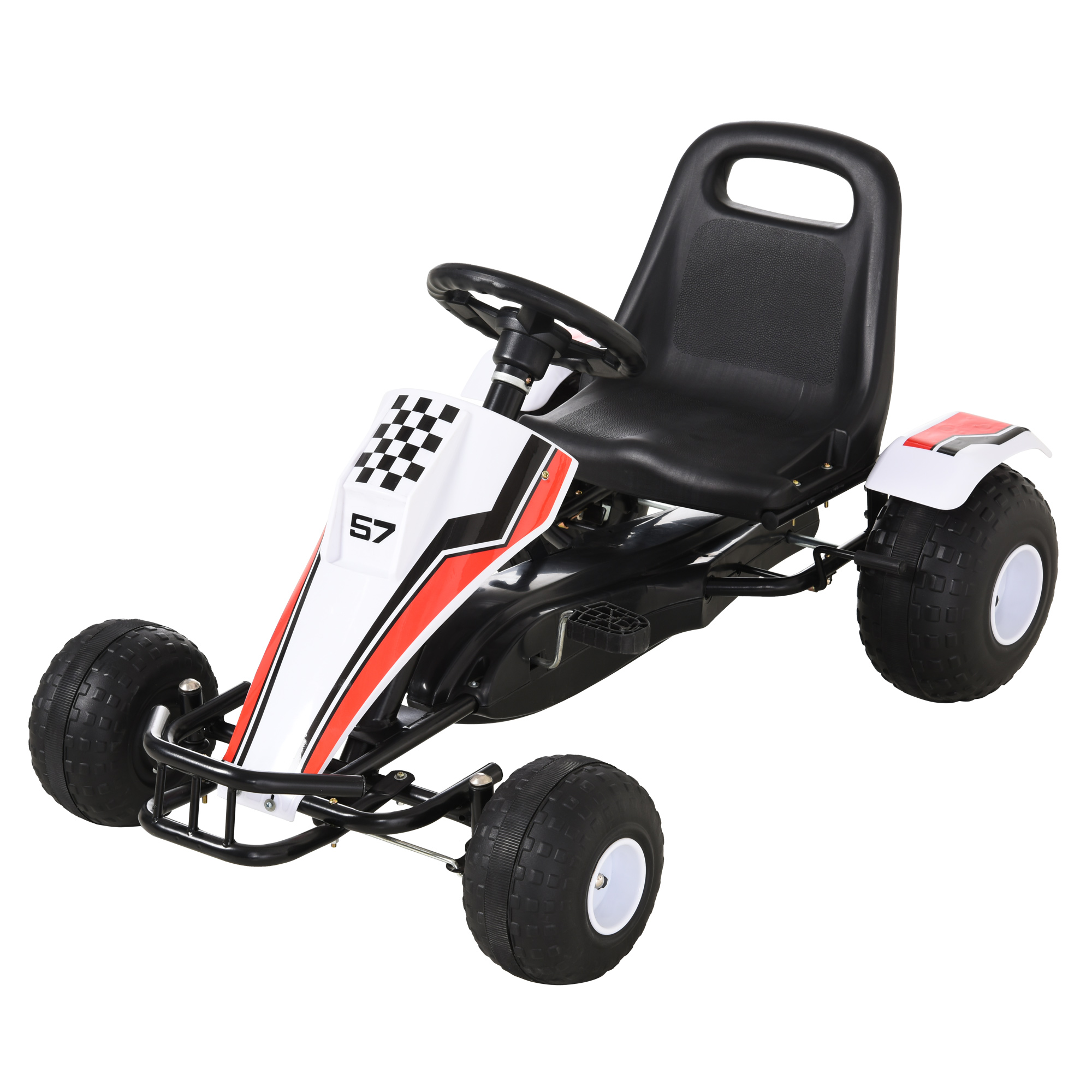 Gokarts, pedāļu automašīna ar regulējamu sēdekli, bremzēm, pedāļu piedziņu, pedāļu transportlīdzeklis ar pārnesumiem braukšanai uz priekšu un atpakaļ, bērnu transportlīdzeklis ar svara kontroli līdz 35 kg, bērniem vecumā no 3 līdz 6 gadiem, balts