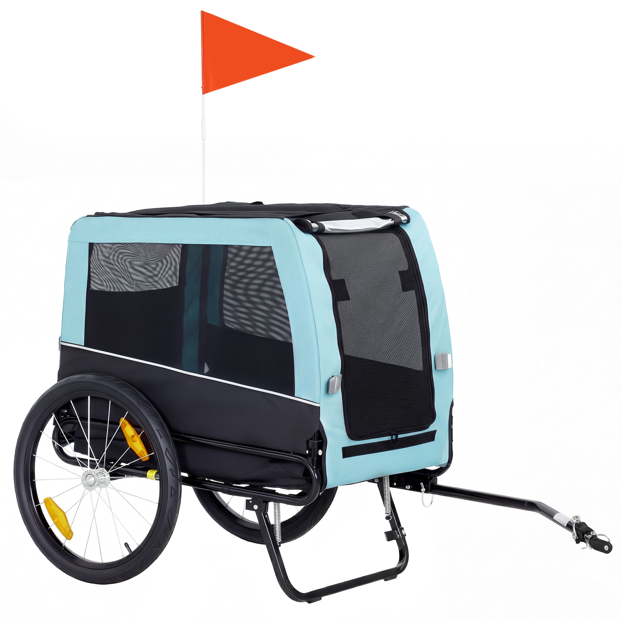 Salokāma velosipēda piekabe ar drošības atstarotājiem un pavadu, vidēja lieluma suņiem līdz 20 kg, 143 x 70 x 90 cm, gaiši zila