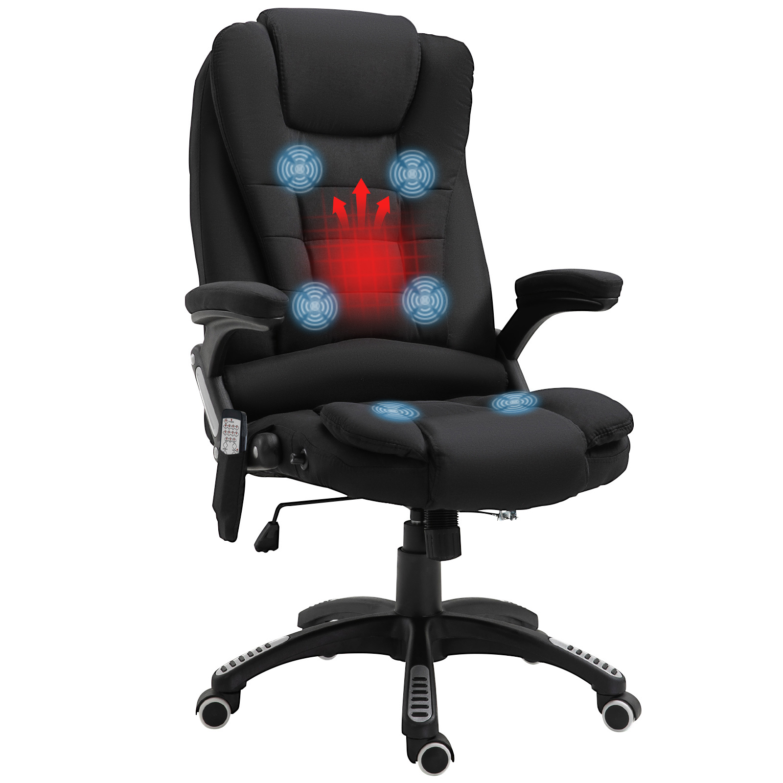 Biroja krēsls ar vibrācijas masāžu, ergonomisks rakstāmgalda krēsls ar apsildes un atgāšanas funkcijām, augstumā regulējams vadītāja krēsls ar tālvadības pulti, sānu kabata, lina imitācija, melns