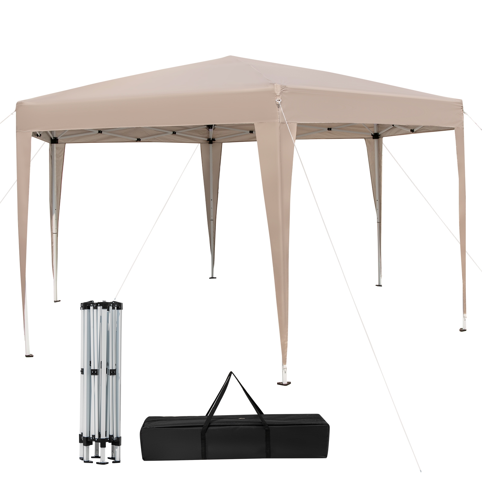 396 cm x 351 cm (4,3 x 3,2 m) sešstūraina uznirstoša, augstumā regulējama nojumes telts ar dekorētām kājām - haki krāsā