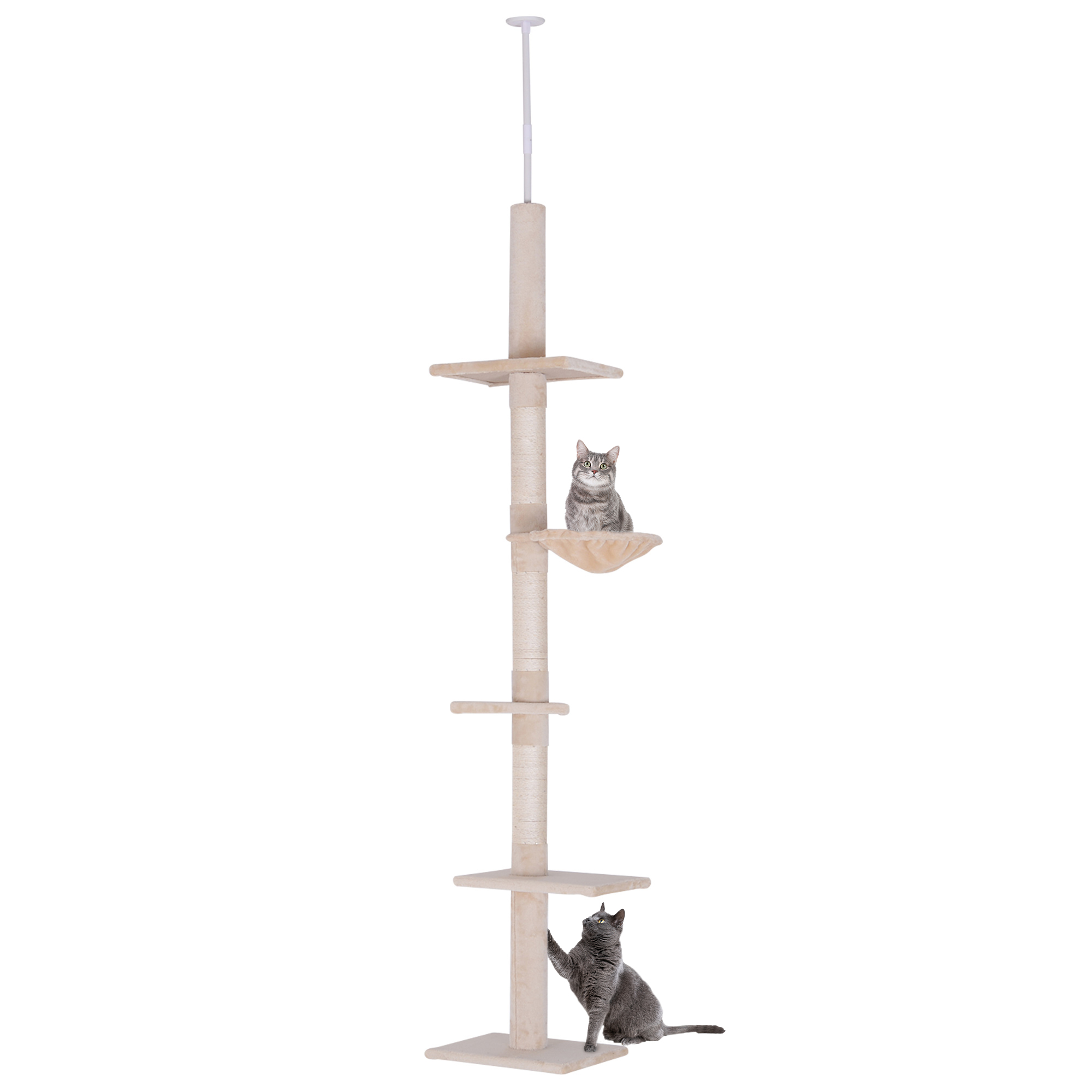 Griestu augstumā, regulējama augstuma kaķu koks, izturīgs kaķu koks ar sizala stabiem, kaķu kāpšanas koks, bēšs, 40 x 34 x 230-260 cm