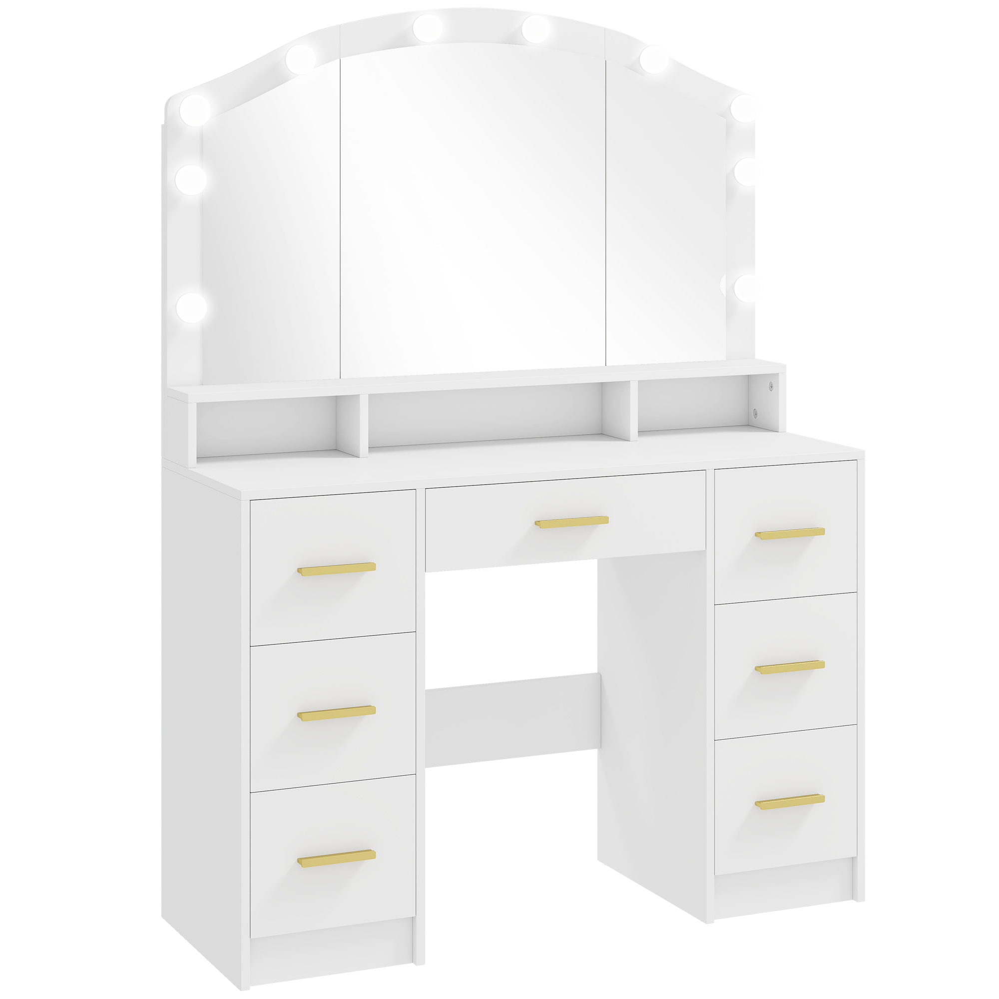 Tualetes galdiņš ar 10 LED Holivudas gaismām, spoguli, 7 atvilktnēm, 3 nodalījumiem, MDF, balts