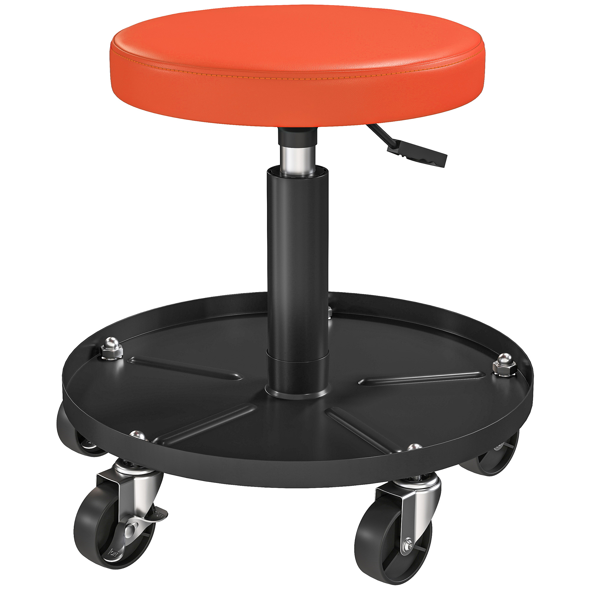 Darbnīcas krēsls ar riteņiem, regulējams plaukta augstums 38-50 cm, kravnesība līdz 135 kg, oranžs